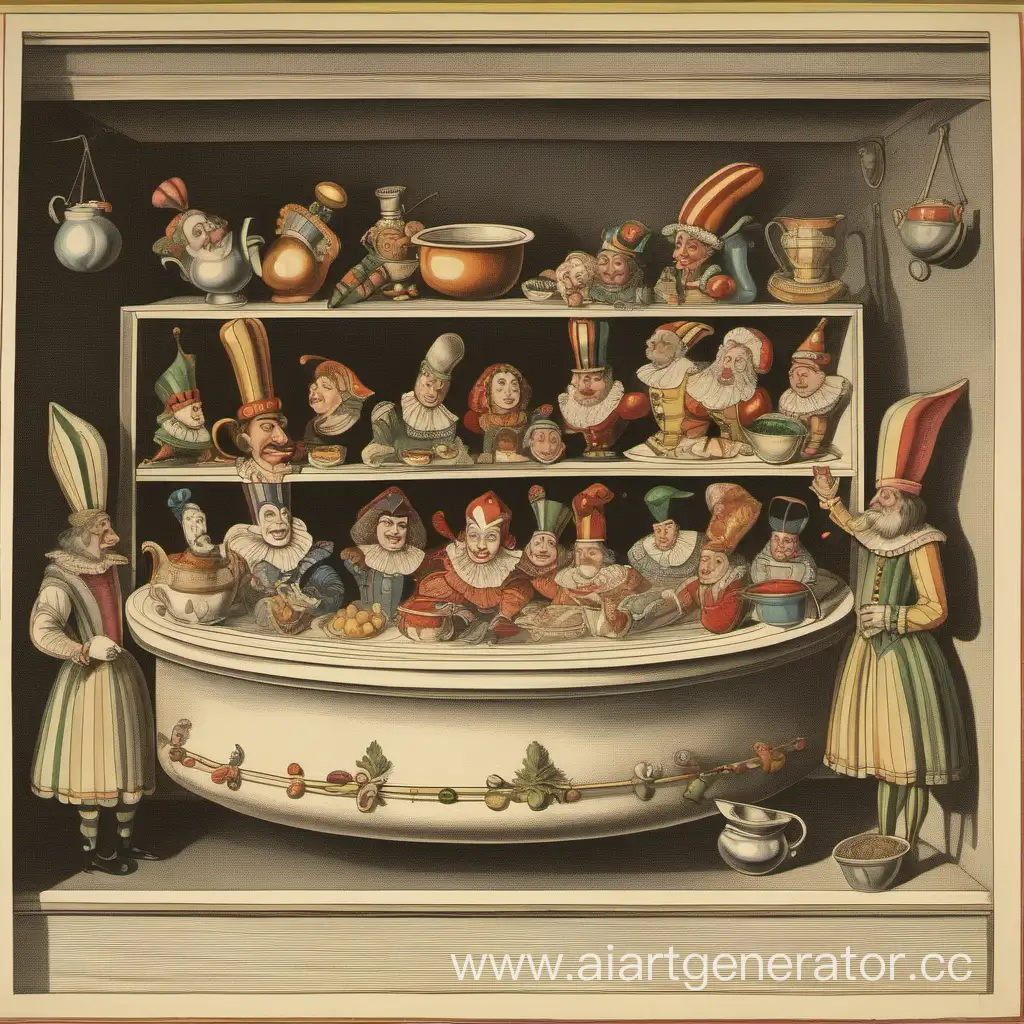 A huge bouillon in which floats a cupboard, several people, a jester, a pot and a nutcracker