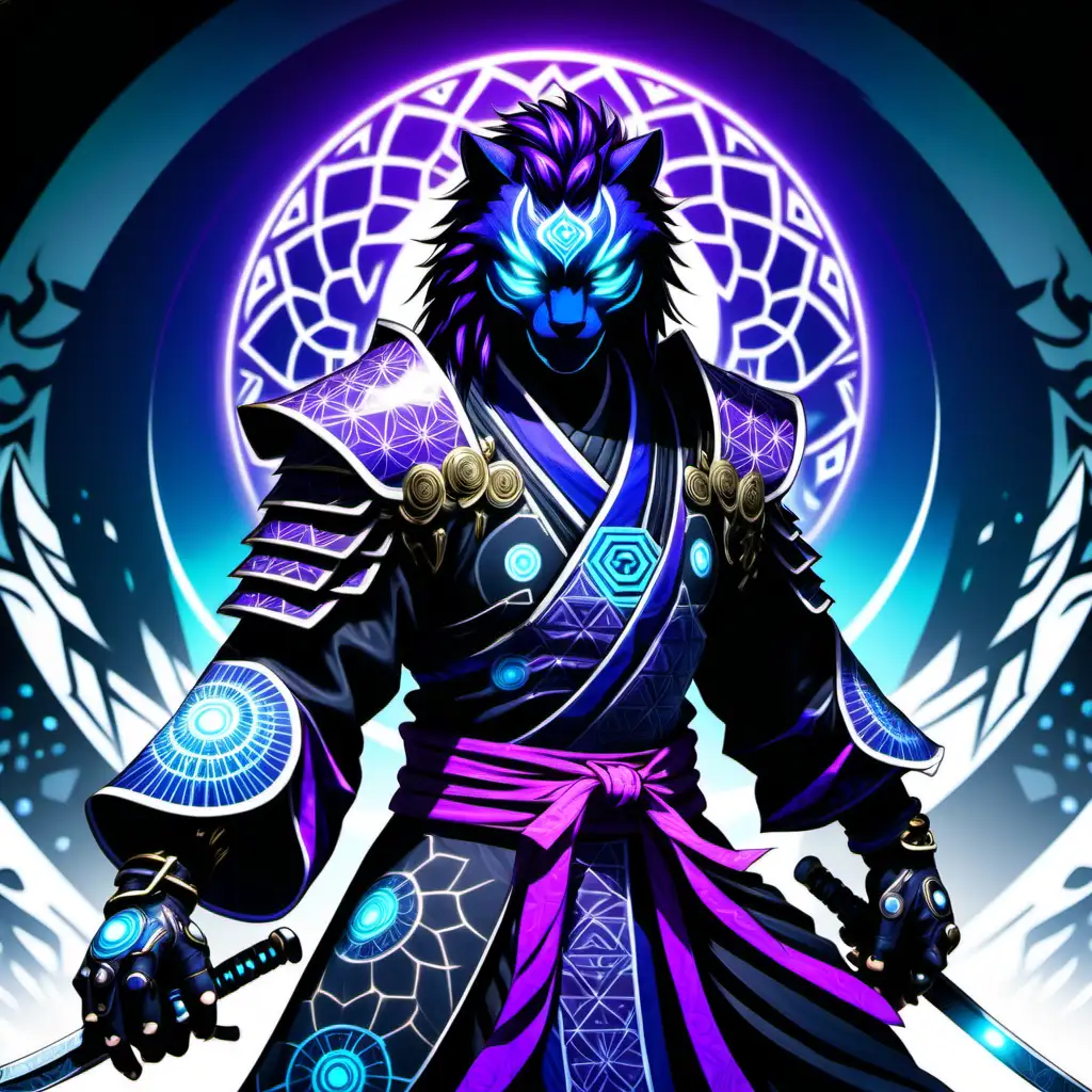 high definition simulation of a video game world boss character creation screen with cyberpunk Samurai ninja,Panther with armor and yingyang eyeballs With glowing elemental shadow fists wearing a beautiful shadow kimono with purple black and blue sacred geometry and armored shoulder guardsleopard with anime hair With glowing shadow fists wearing a beautiful frozen kimono with blues shadow elemental black and purples blues snow sacred geometry and armored shoulder guards