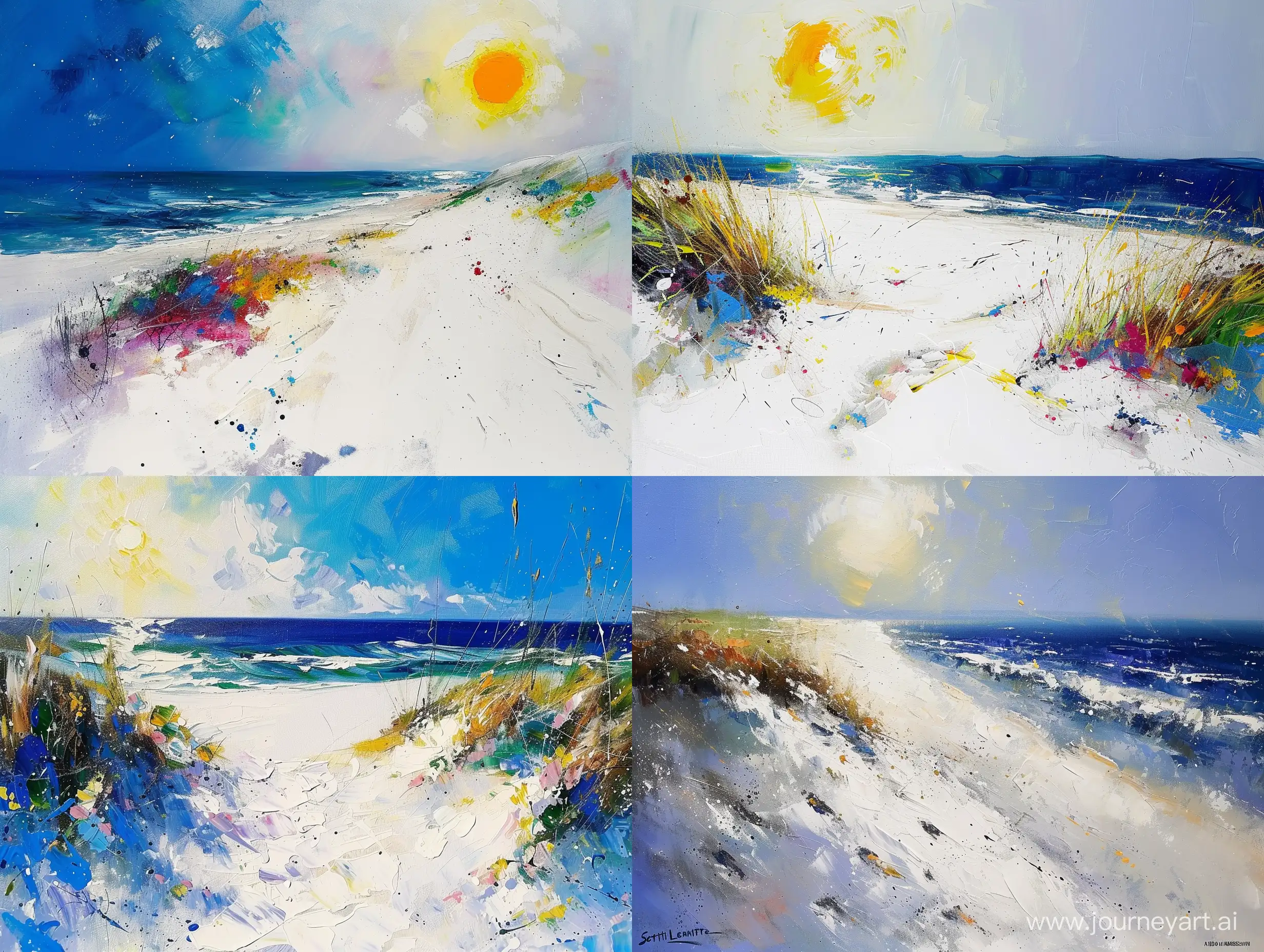 acrylic painting by Scott Naismith Pol Ledent John Lowrie Morrison Andrew Atroshenko, white sand beach and sun, all white, deep colors, chaotic dry brushing, splattering