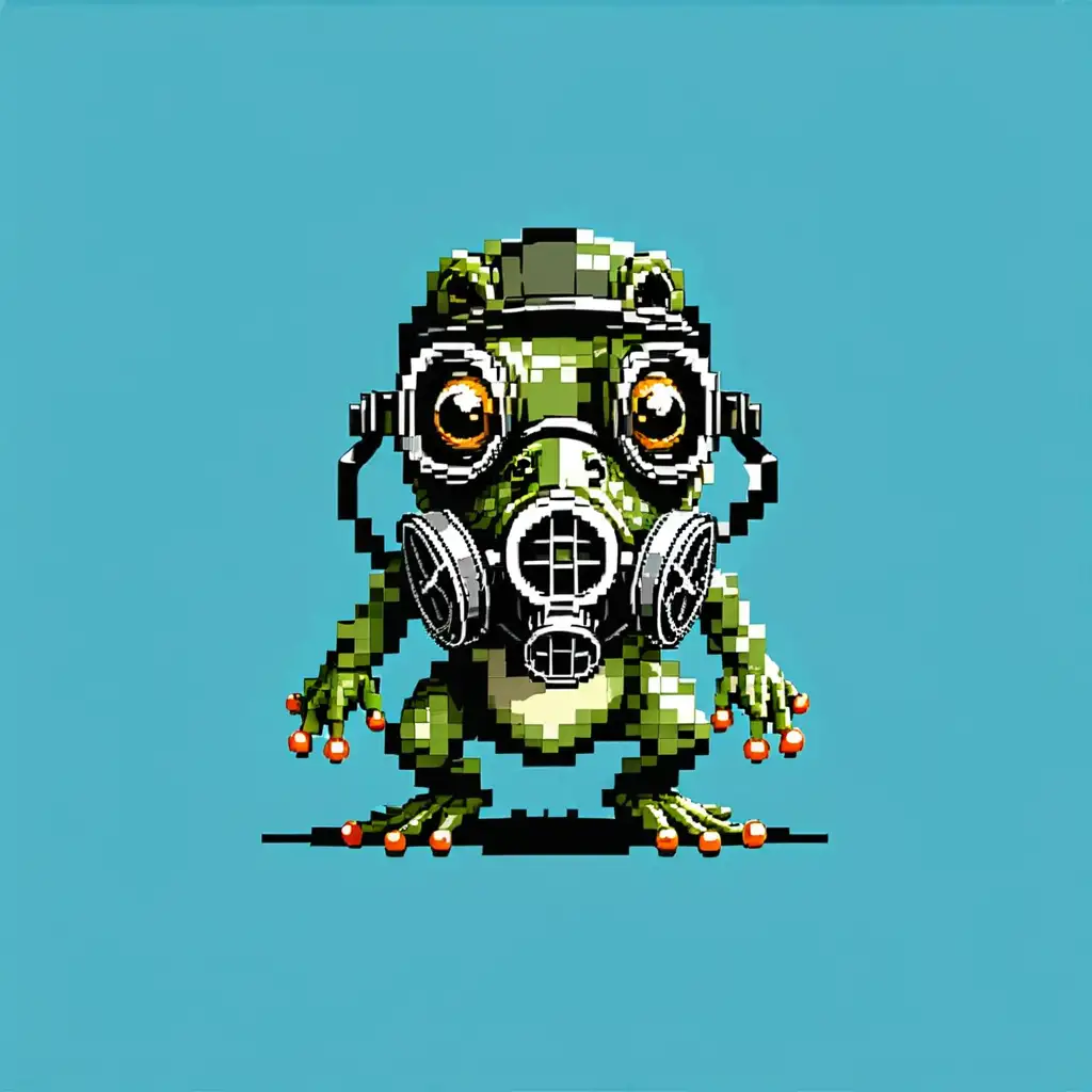 Pixel Small Frog Wearing Gas Mask on Blue Background