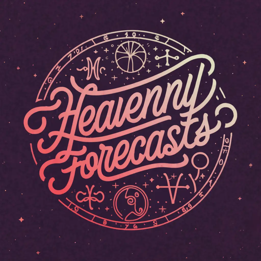 a logo design,with the text "Heavenly forecasts", main symbol:Abstract image of clocks with astrological signs instead of numbers, symbolizing time and cosmic cycles. Bright, saturated background. Pink, purple, and gold colors. Bright, eye-catching logo,Moderate,clear background