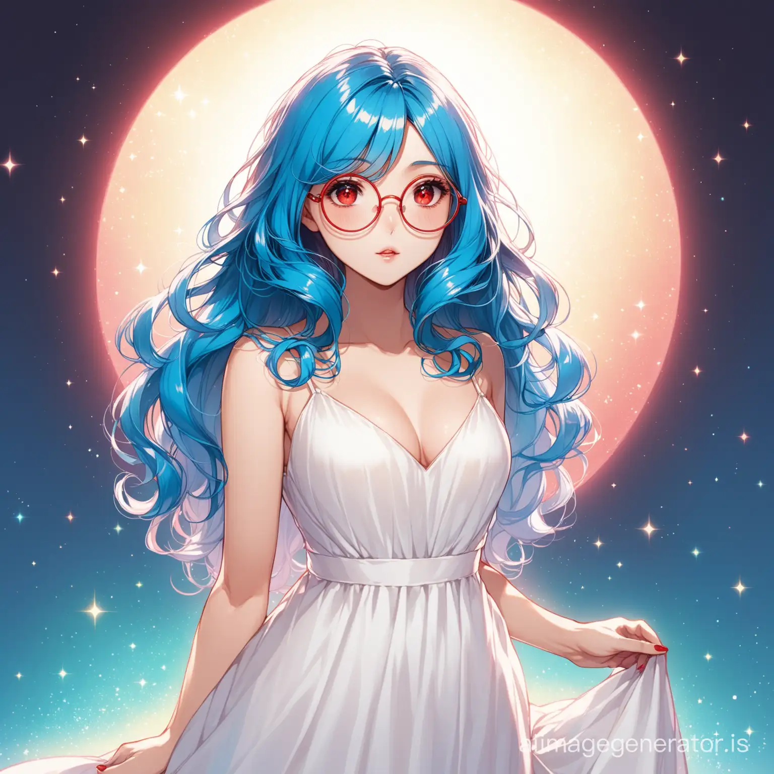 An adult girl with blue hair, her hair shines red, she has red eyes, in big round glasses, she's in an open white dress, average chest, hair slightly curly