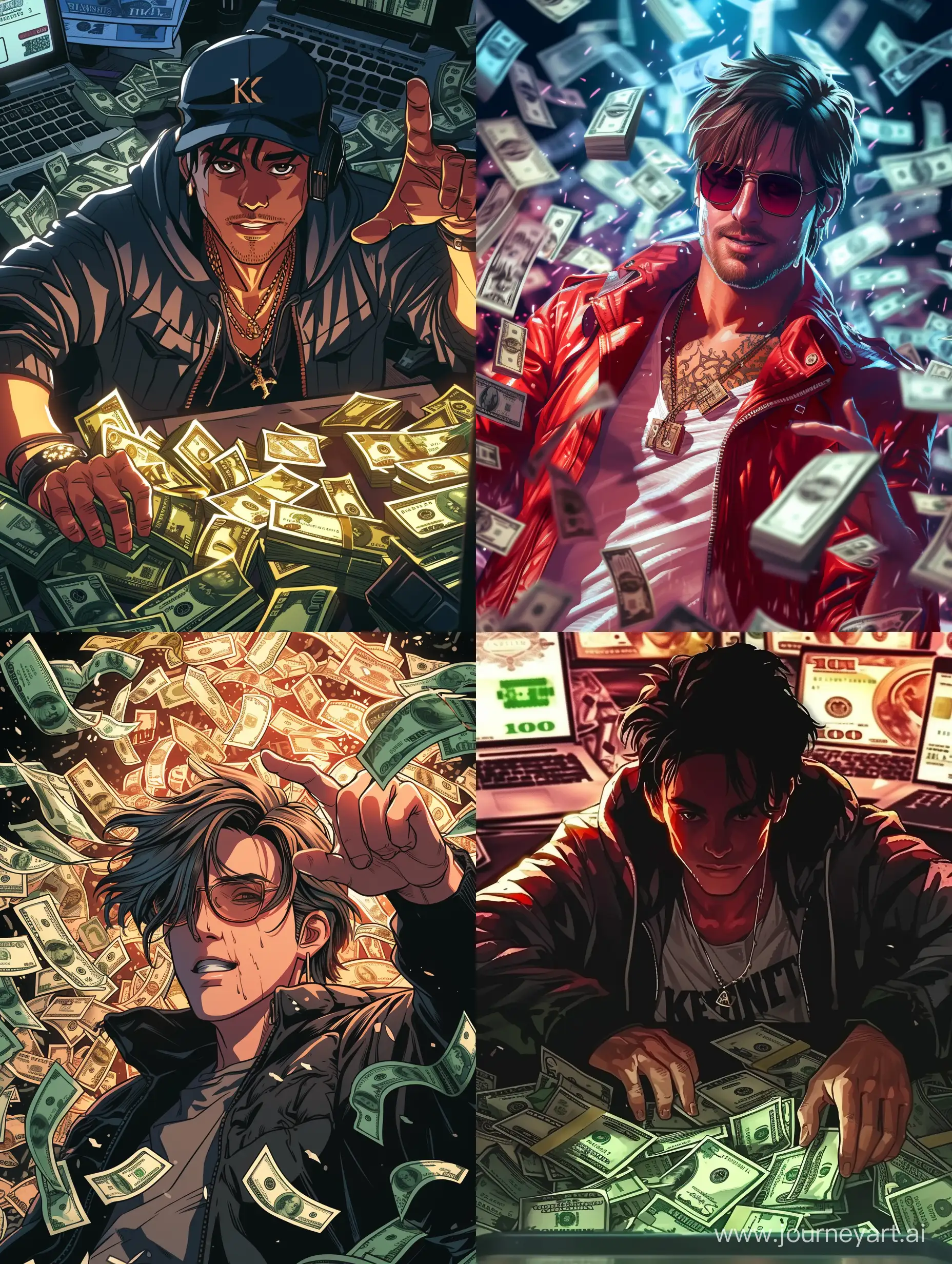 Image of a hacker character, lots of money, with the text ๖ۣۜKevin in the background