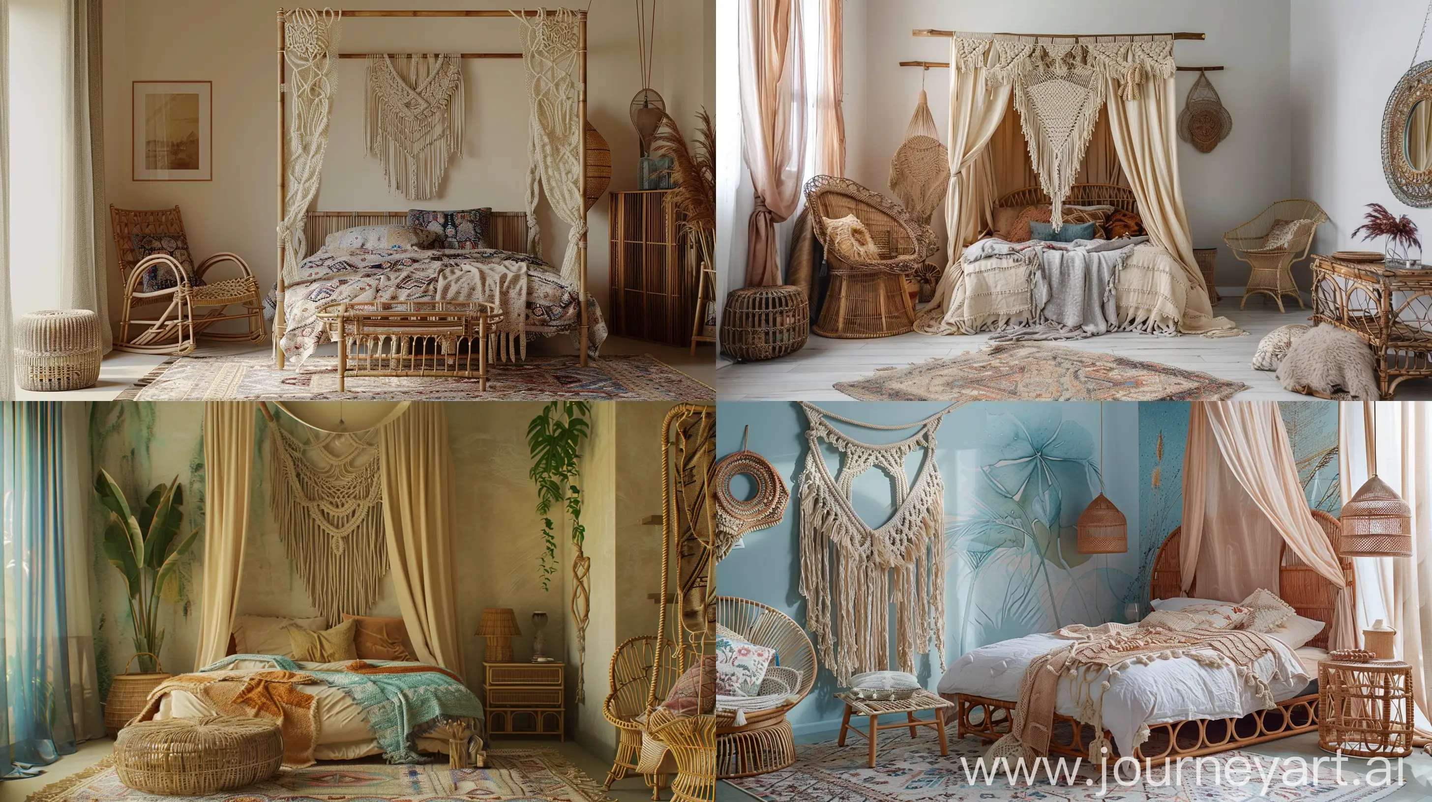 Boho Chic: Bedroom with Macrame Wall Hanging, Rattan Furniture, and a Canopy Bed draped in Flowing Fabrics. --ar 16:9 --v 6 --ar 4:3 --no 61324