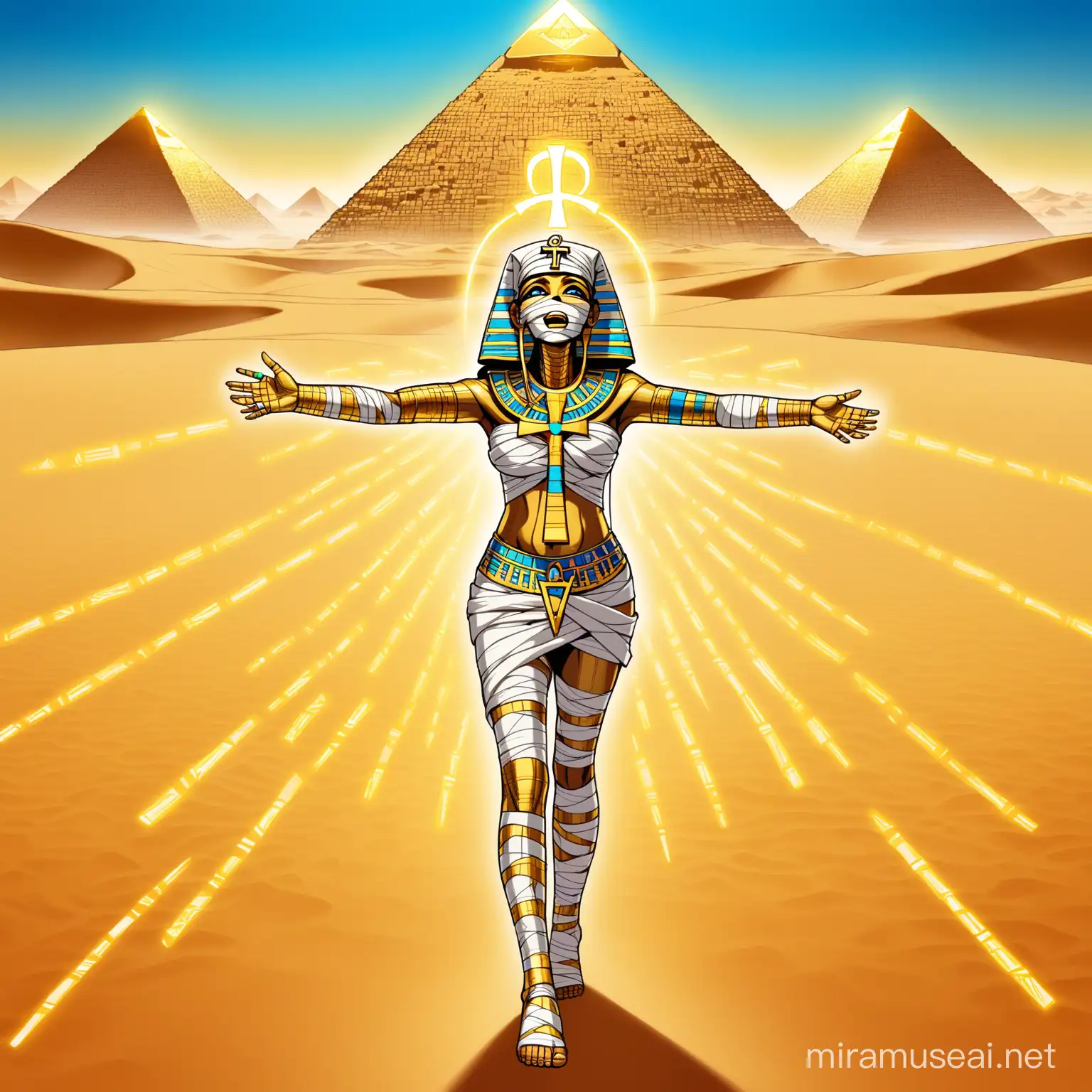 mummy with gold-ankh 
appreance-full body/ neon gold/yellow/blue//bandages/open mouth(missing teeth)/eqyptian-runes/arm out stretched 
background-desert/sand/pyramid/