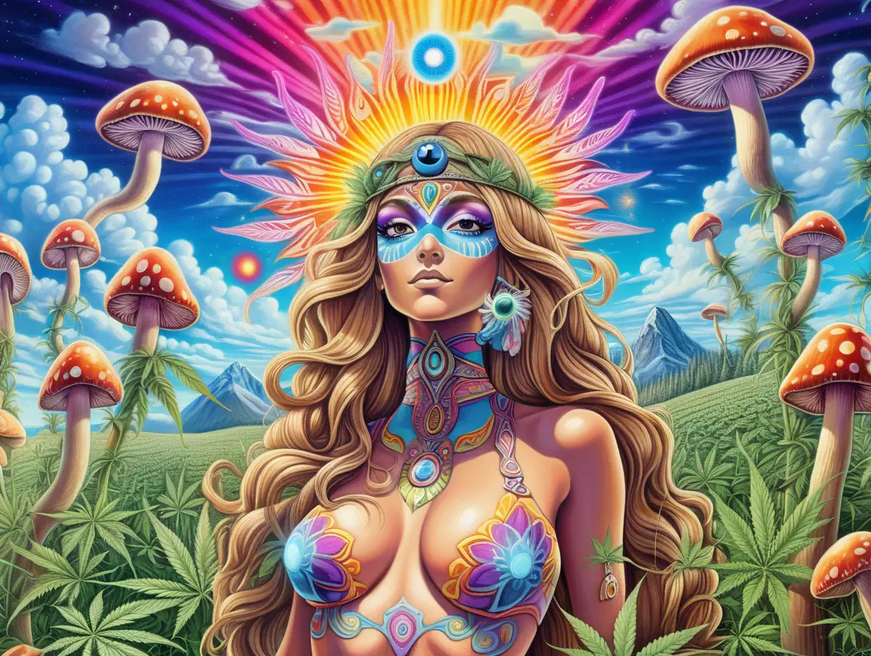 Psychedelic colors and patterns, a field of cannabis, flowers & magic mushrooms, sun, clouds, bright, vibrant colors with a sexy exotic 
woman with the all seeing third eye


