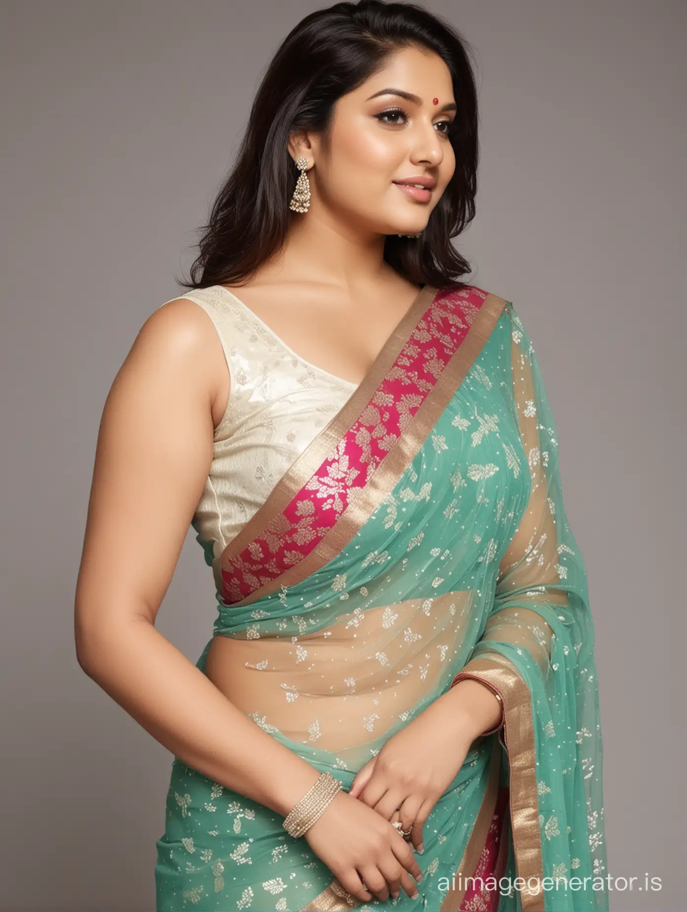 Beautiful indian plus size women in sleeveless transparent saree