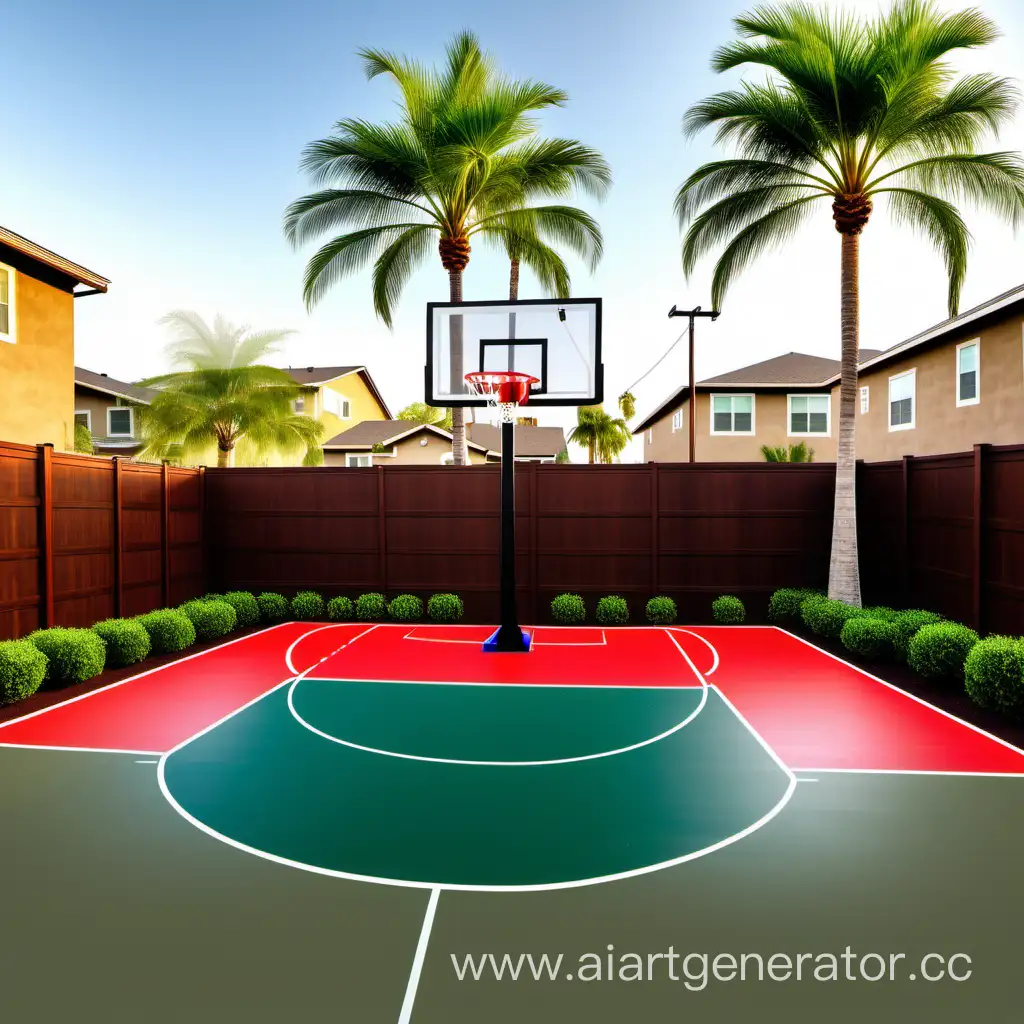 A BACKYARD BASKETBALL COURT WITH A WALKWAY AND 3 PALM TREES

