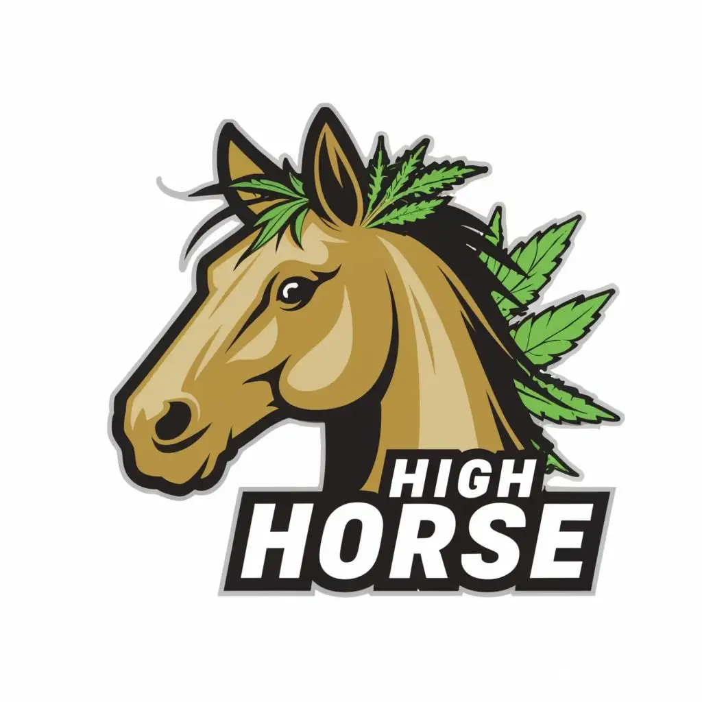 logo, horse with weed leaf as hair, with the text "High Horse", gold