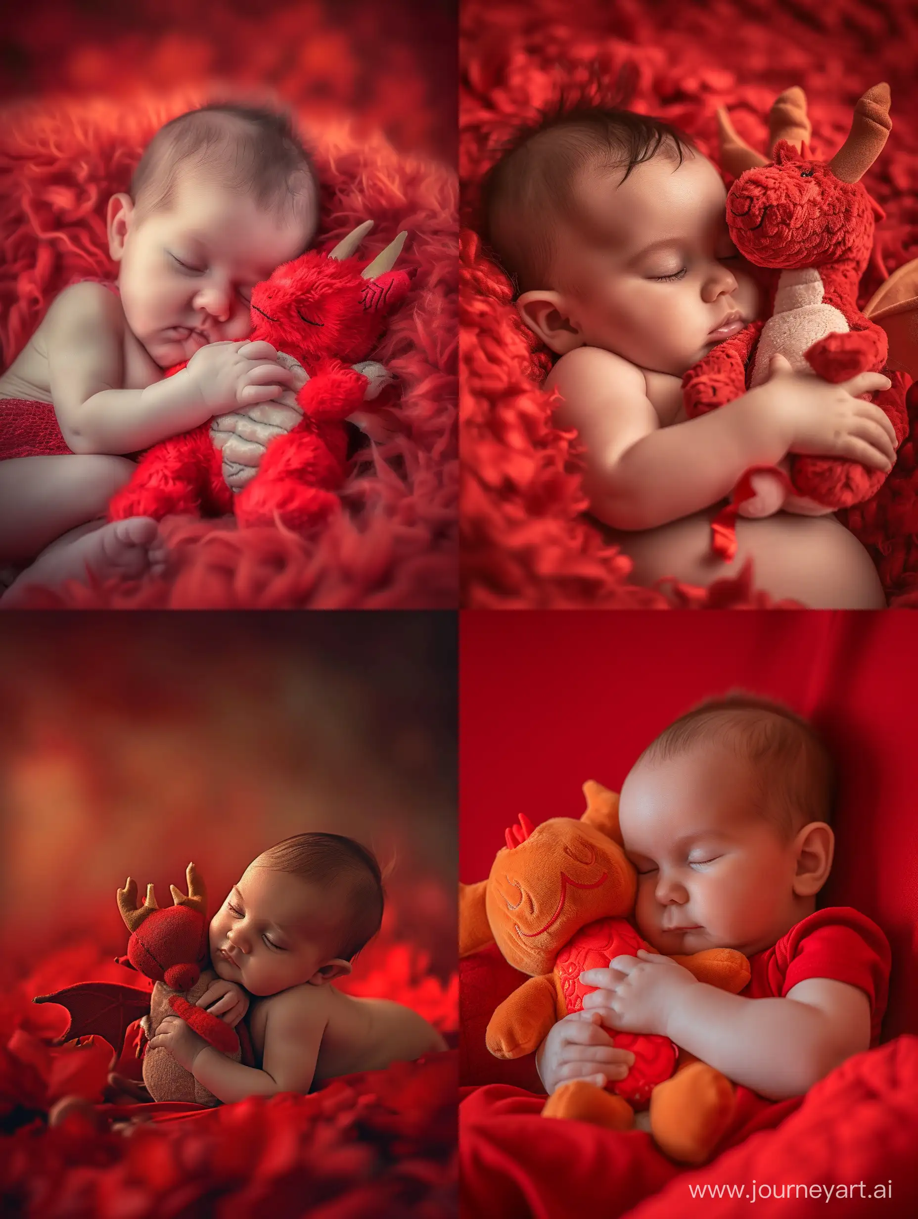 A beautiful scene unfolds as a baby lovingly cradles a dragon plushie while peacefully sleeping. The vibrant red theme adds an adorable and cute touch to this animated, cartoon-like setting. Captured in a portrait style, this image exudes the highest quality of 8k HDR, enhancing its stunning beauty. 