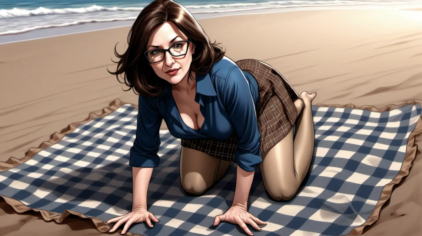 Beautiful, mature, brunette woman, teacher, glasses, crawling, beach, brown plaid skirt, pantyhose, sexy [Highly Detailed] comic art style, below angle, barefoot on blanket