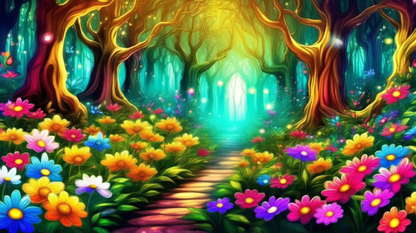 in cartoon style, a magical garden filled with extraordinary flowers that sparkled with colors unseen by mortal eyes in an ancient magical enchanted forest, giant trees, beautiful flowers, with lots of vibrant color, a dynamic scene