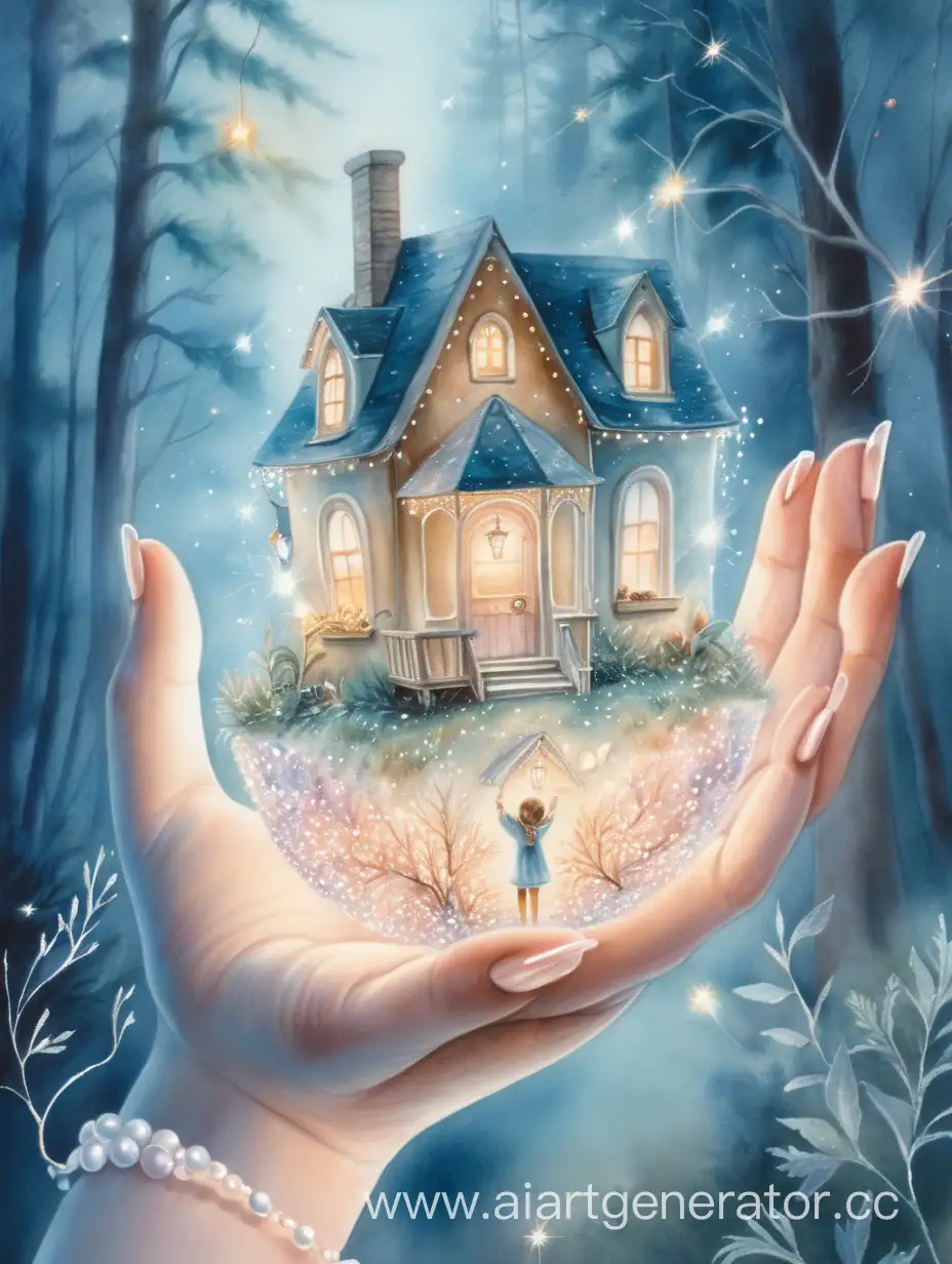 Girl-Holding-House-in-Sparkling-Forest-Watercolor-Style-Art