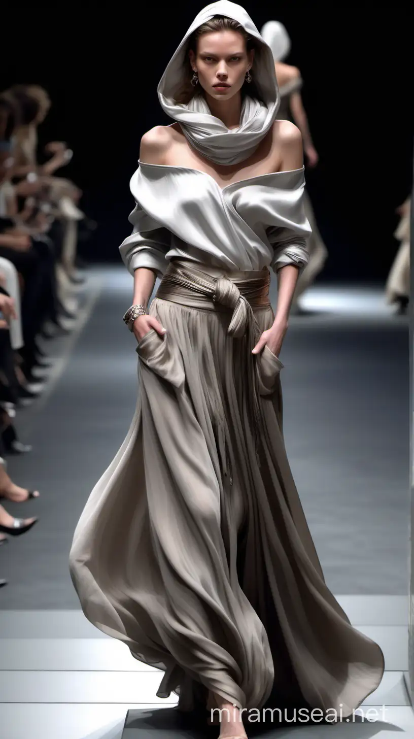 Prompt
Stunning supermodel runway motion front angle wearing a air washed silk hooded blouse off shoulder with 2 sleeves rolled up, folded at the waist, flowy long skirt, and a scarf tied at the waist , jewelry, Alexander McQueen style, hyper-realistic, glamorous, hands in the pockets, gray taupe

