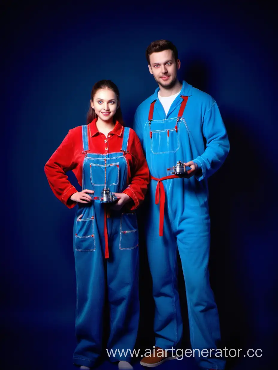 A man and a girl are standing next to each other, in blue overalls, blue long-sleeve robes, waist-high, a man holds a small metal part in his hands, in a dark room, studio lighting, the background is illuminated with red and blue light, there are few themed decorations in the background