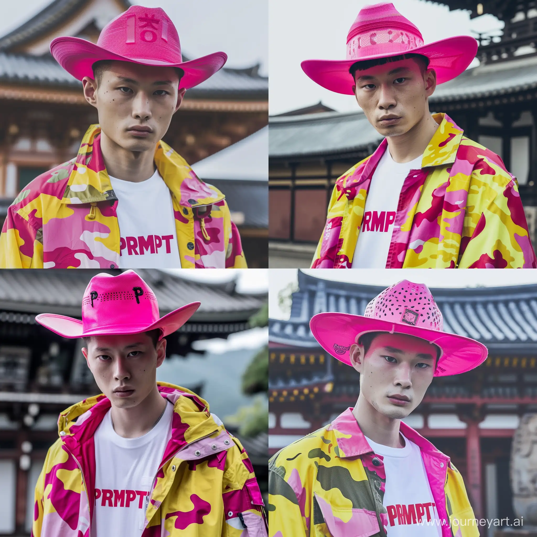 editorial fashion shot, asian ethnicity, male, short black hair, intense gaze, pale complexion, neon pink cowboy hat, vibrant yellow and pink camo jacket, white tee with red “PRMPT” branding, traditional Japanese temple backdrop, high contrast daylight, vivid and playful mood
