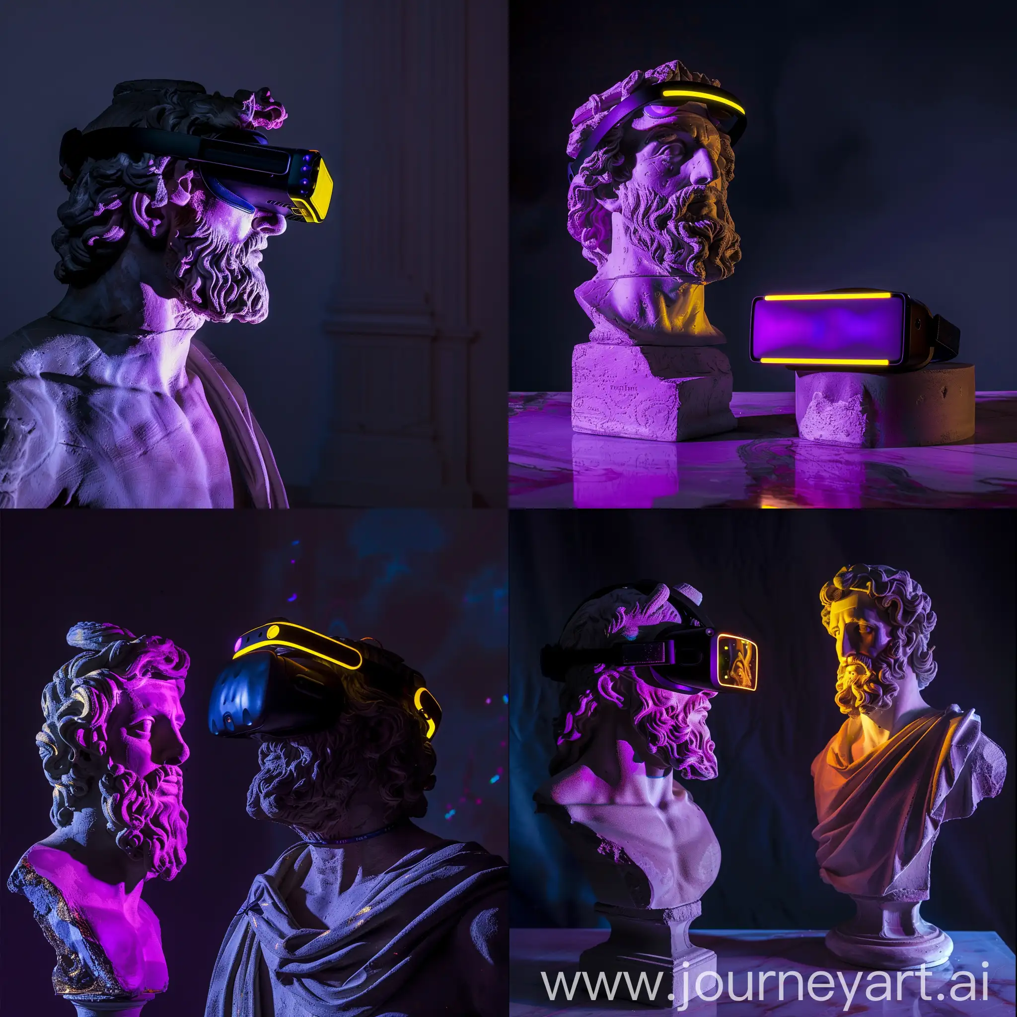 Zeus-Plaster-Sculpture-with-VR-Glasses-and-Purple-Reflections