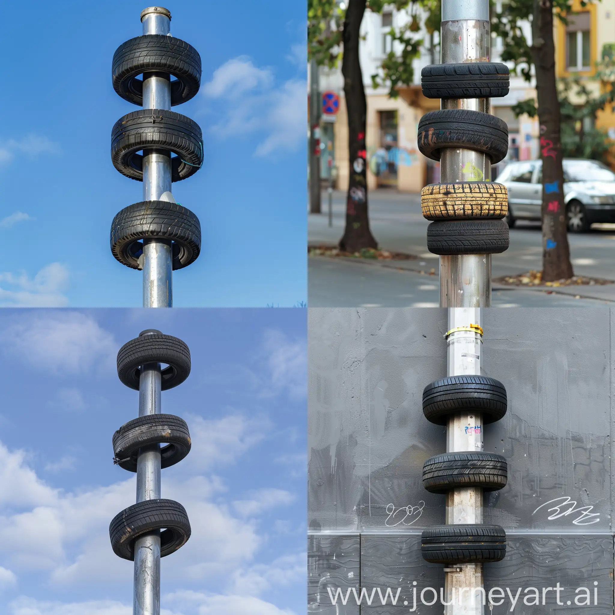 image of a metallic thin street light pole dressed with three tyres to prevent kids from running into it and getting hurt