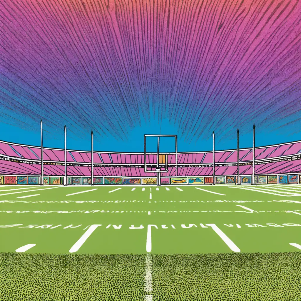 american football uprights on an empty field
[style: 1970s comic book]
[art influence: abstract psychedelic pop art]