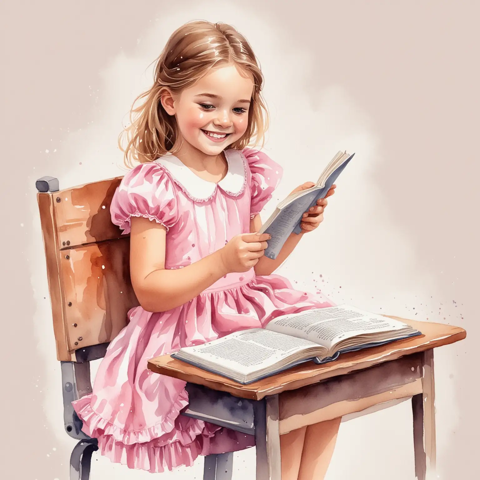 Joyful FiveYearOld Girl Reading Magic Book at School Desk