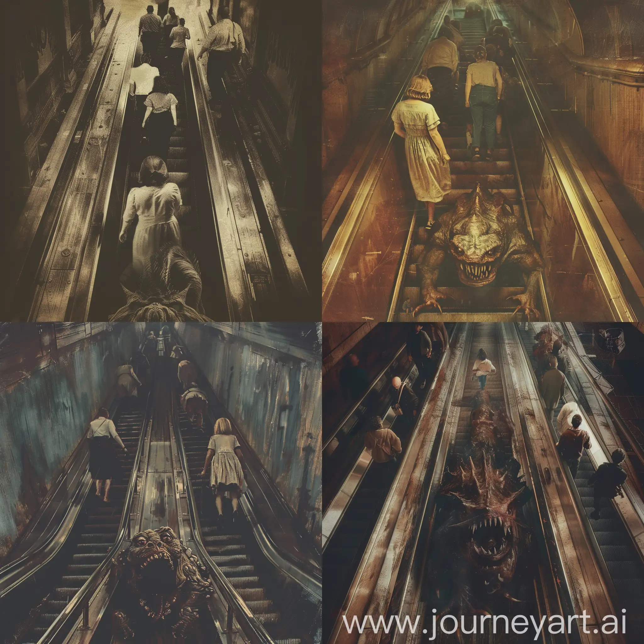 People going downwards on an old fashioned wooden escalator at a subway station. At the bottom of the escalator is a horrible scary monster and the people going down the escalator are scared of it. Frightening, disturbing, gothic