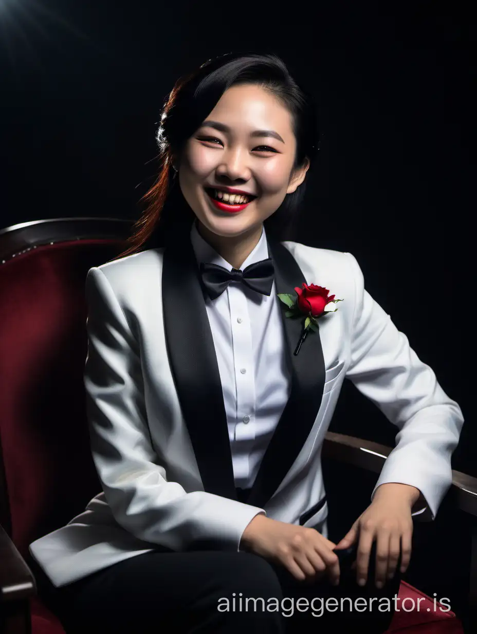 Elegant-Chinese-Woman-in-Stylish-Tuxedo-Laughing-in-Dimly-Lit-Room