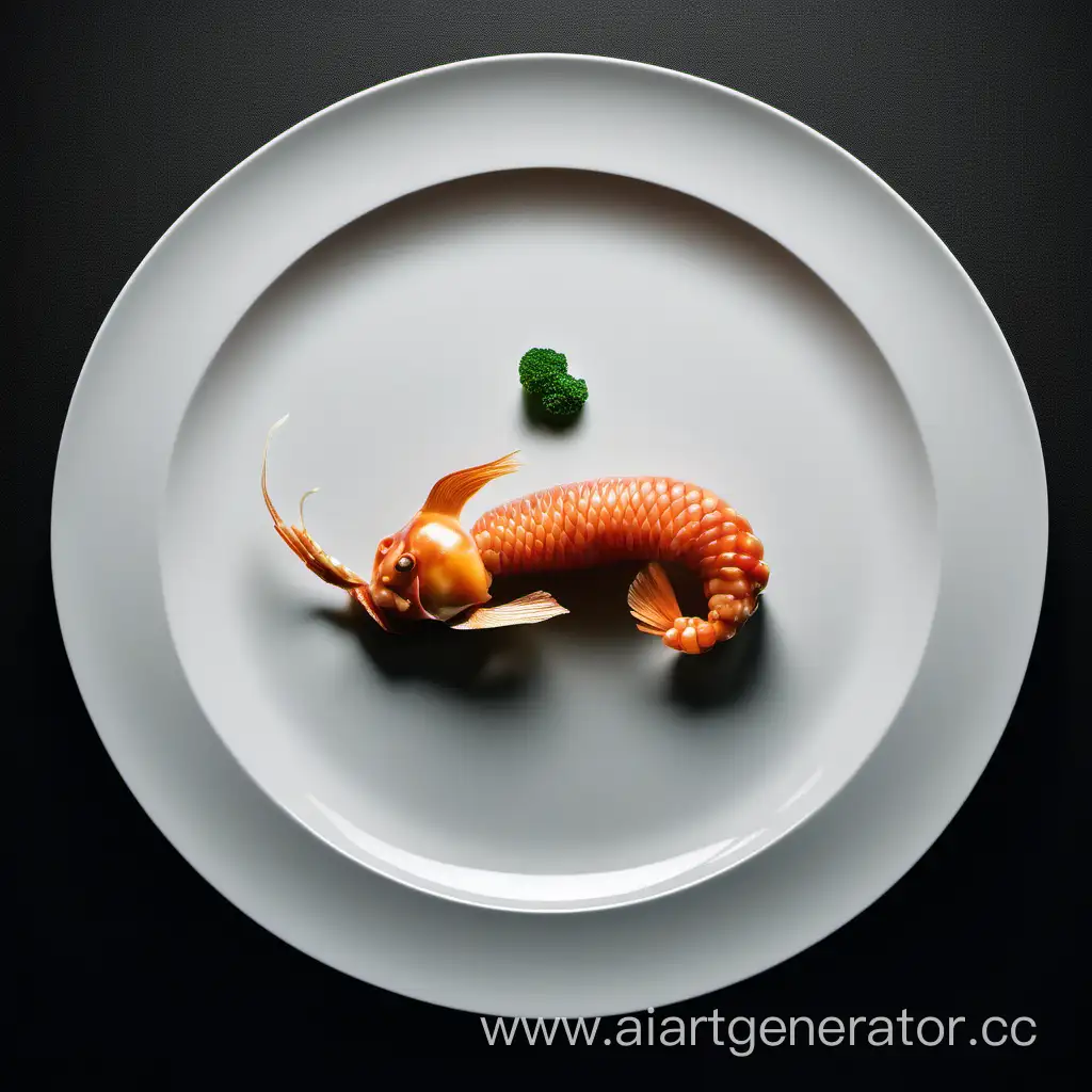 Еда мишлен в тарелке на чёрном фоне, символизирующая знак зодиака рыбы