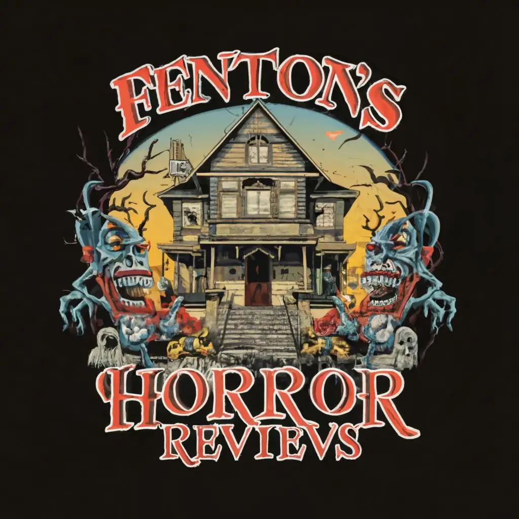 logo, a abandoned house with demons killer clowns and monsters standing Infront of it, with the text "Fenton's horror reviews", typography