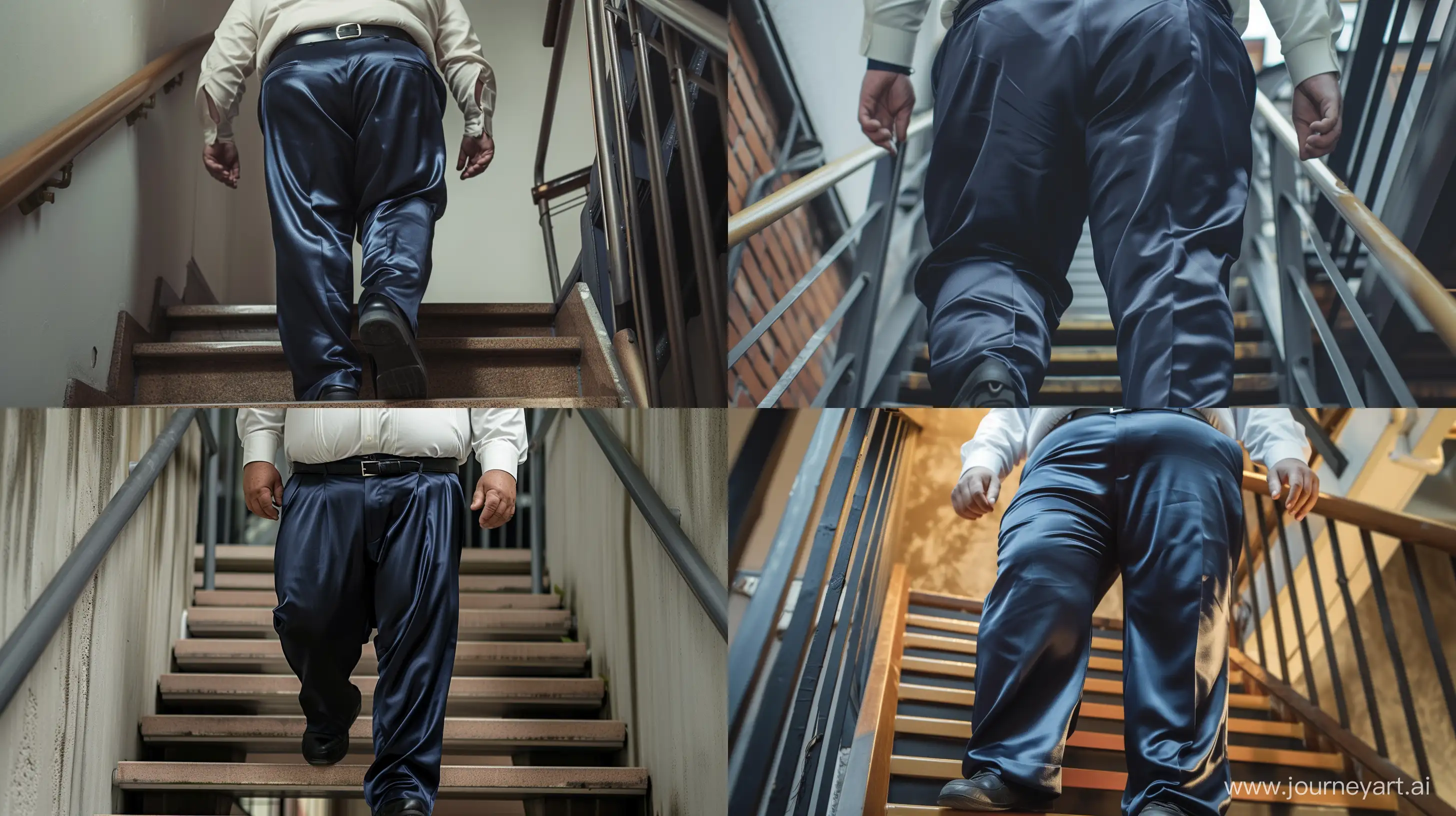 Front view high-angle shot photo of an obese man aged 60 wearing a silk navy business pants, black belt and a tucked in white shirt. Climbing stairs. --style raw --ar 16:9