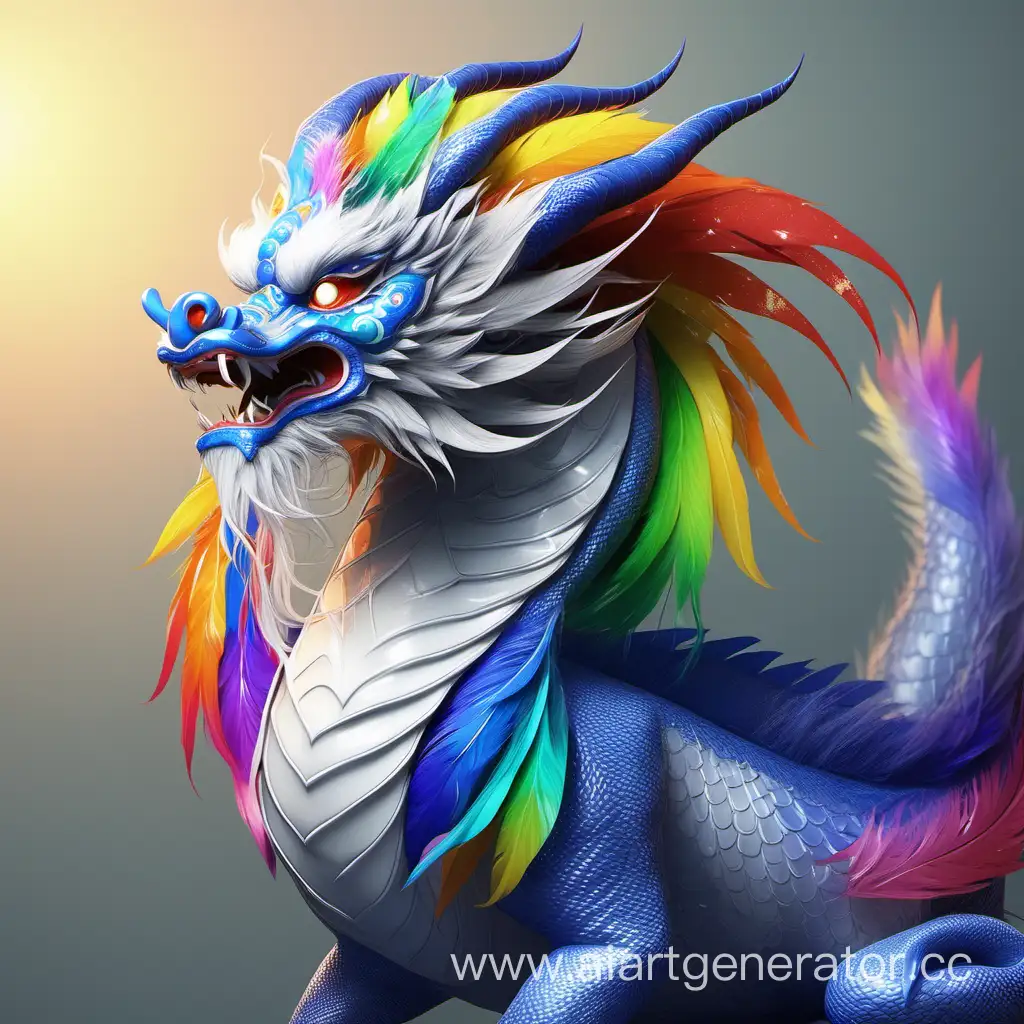 Китайский дракон с перьями радужными  а мордочка белая носик синий как у кошки 