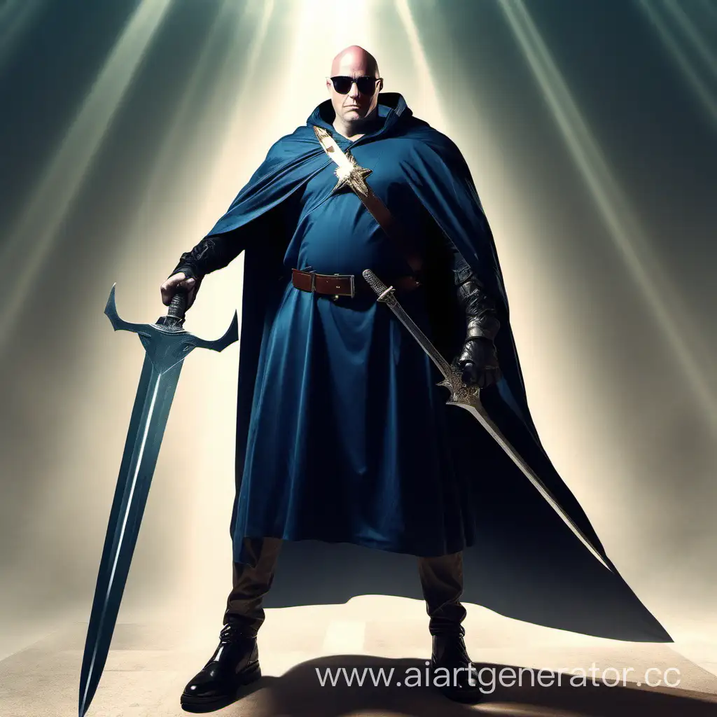 hyperreality top g bald Andrew Tate wearing sunglasses and a cape while holding a greatsword