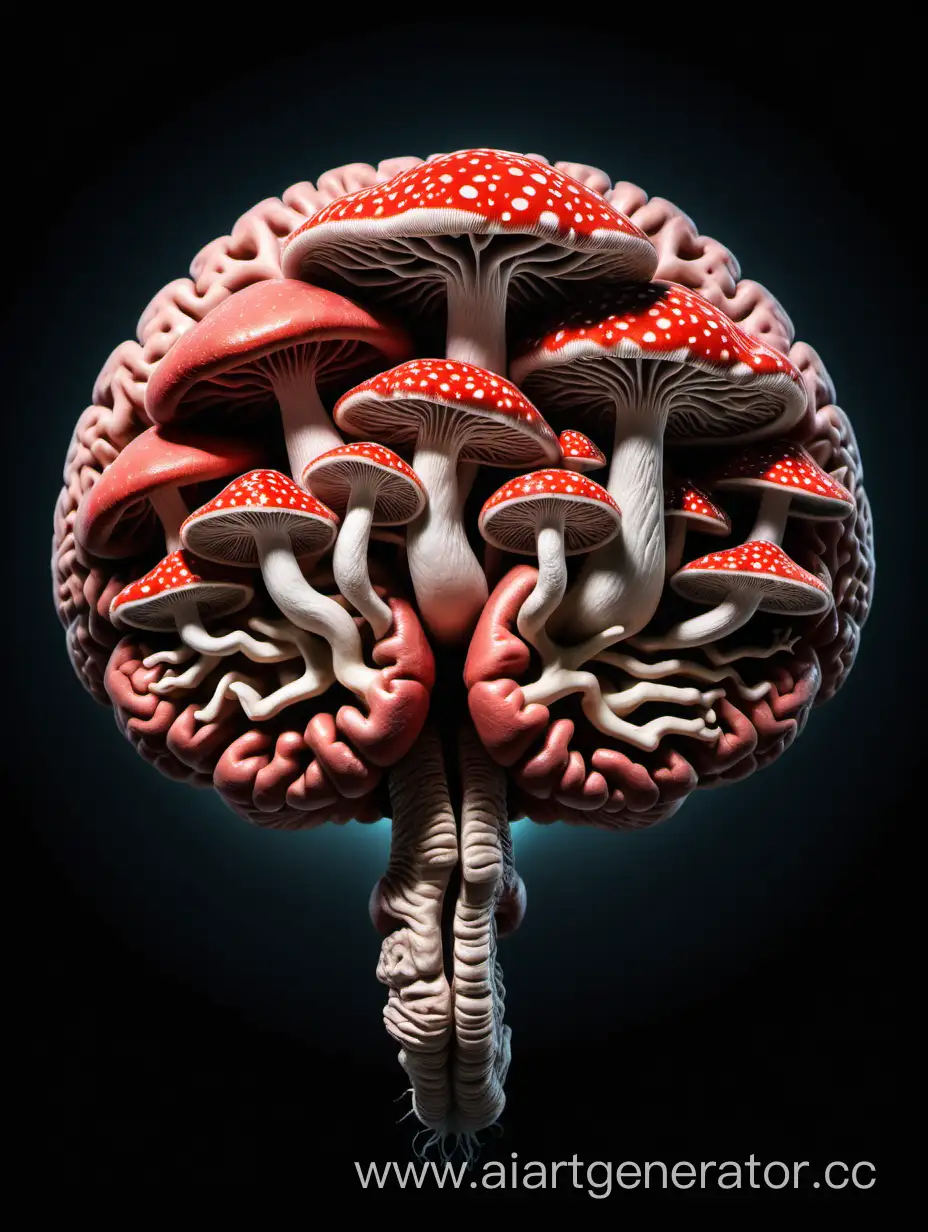 на темном фоне человеческий мозг эволюционирует в грибы