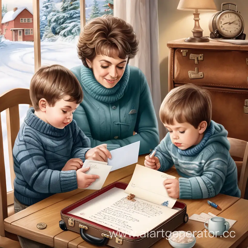 Mother-and-Sons-Writing-a-Winter-Letter-at-Table-with-Suitcase