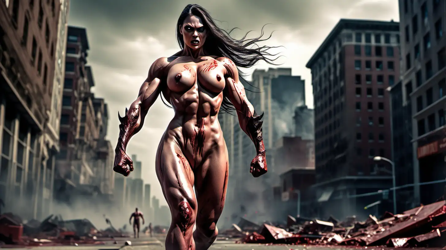 Muscular Naked Giant Female Super Villain Battling Female Superhero in a Destroyed City