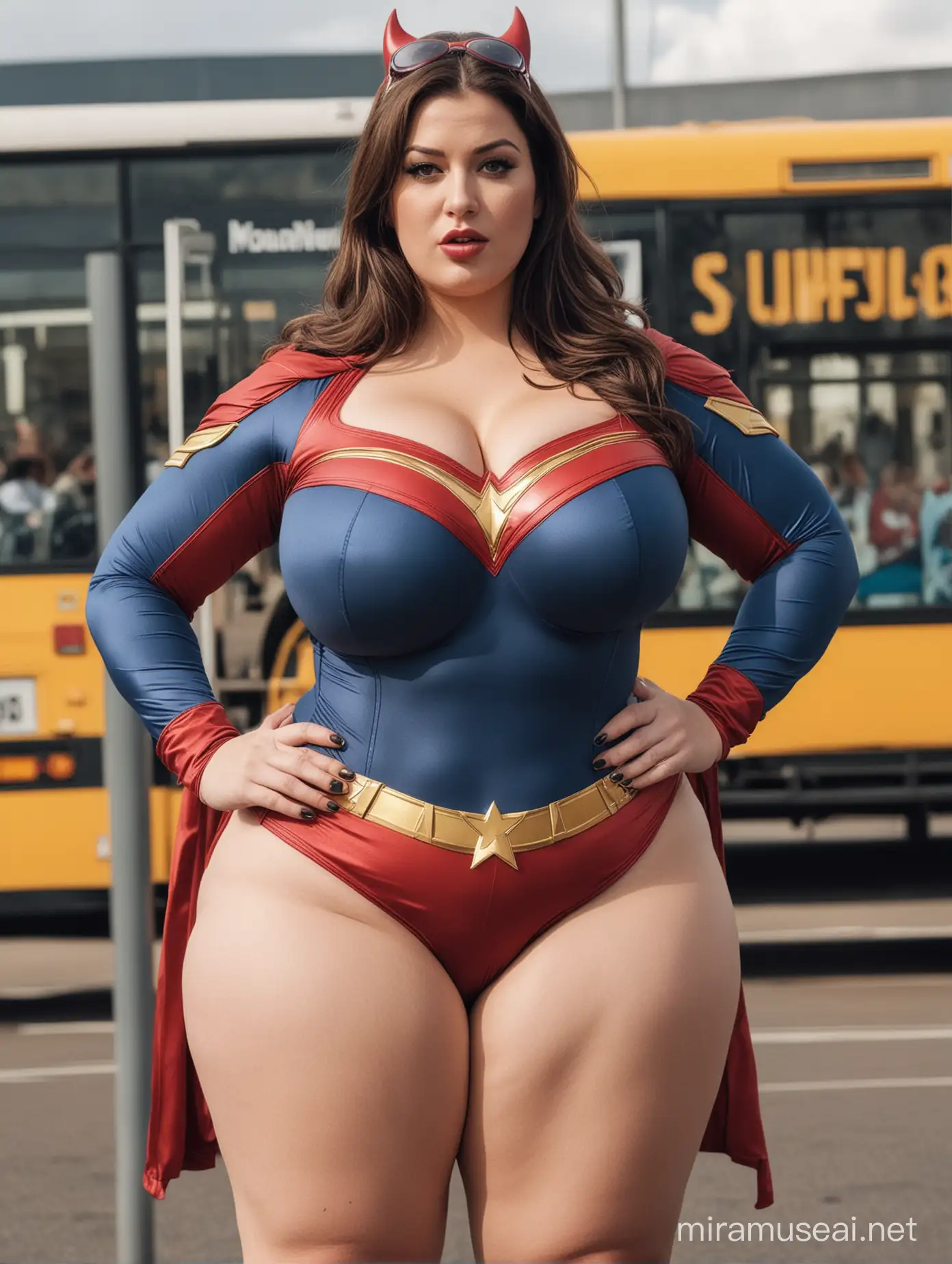 Superhero Woman with Curves Waiting at Bus Station