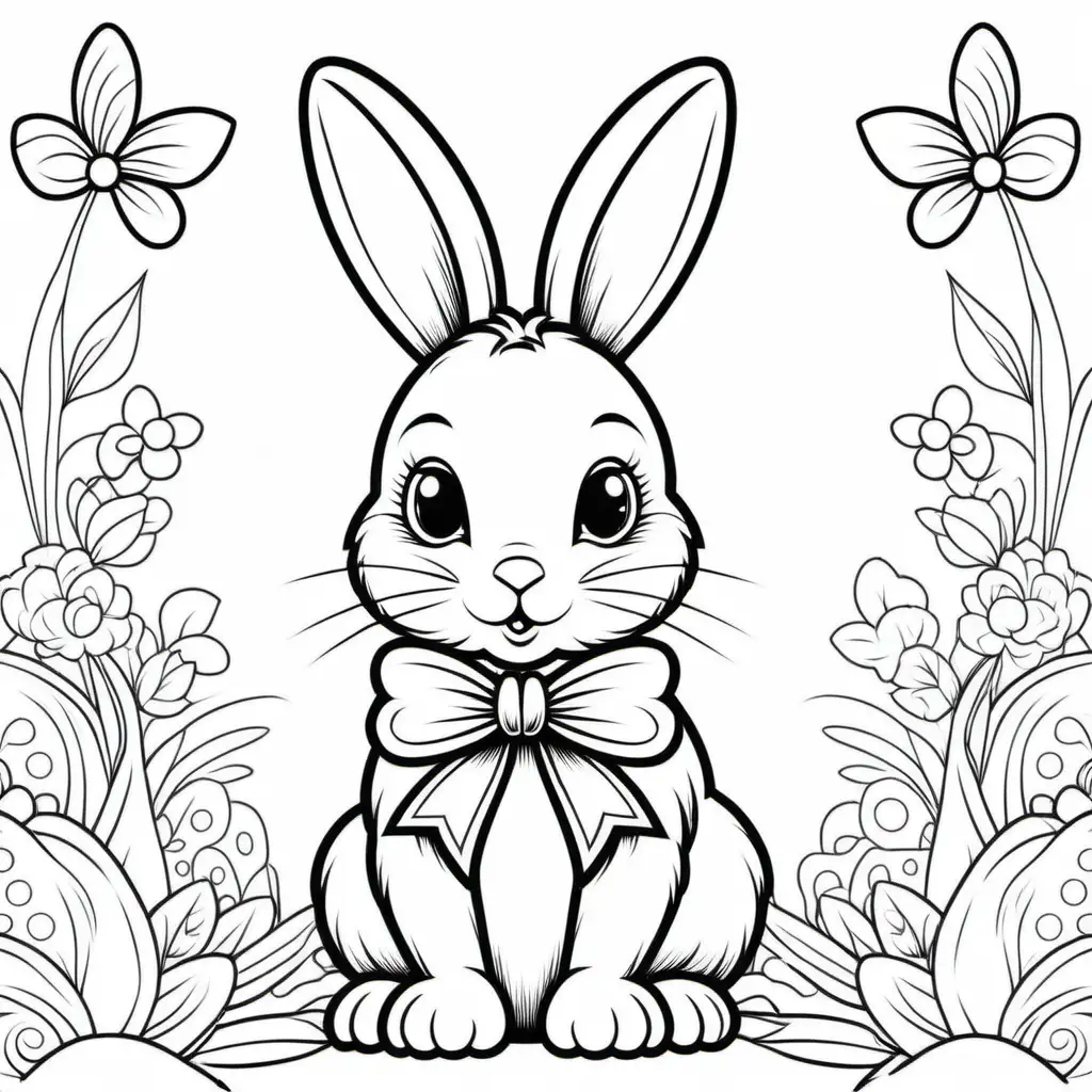 coloring page for 20-60 years, Cute easter bunny with bow, decorative background, clear white background, clean line art, fine line art, vector, HD