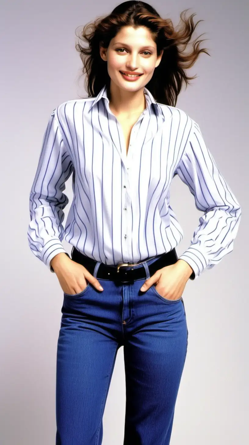 Laetitia casta in her 18's, angelic smile, in very brightly white background , long sleeved white and royal blue vertical striped polyester shirt blouse and very short jeans and black pumps 