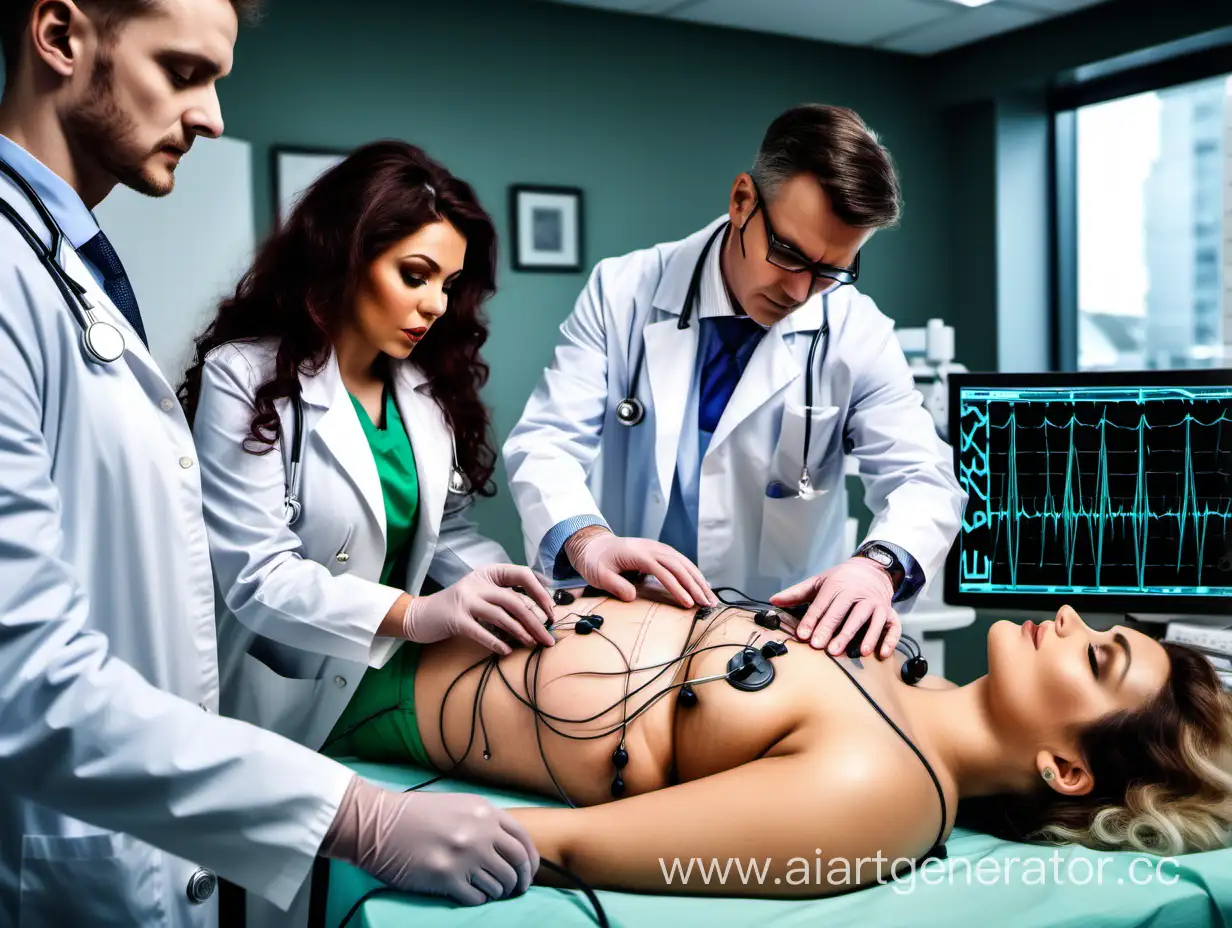 equipo de medicos realizando un electrocardiograma detallado a una bella mujer irlandesa voluptuosa en el laboratorio coronario