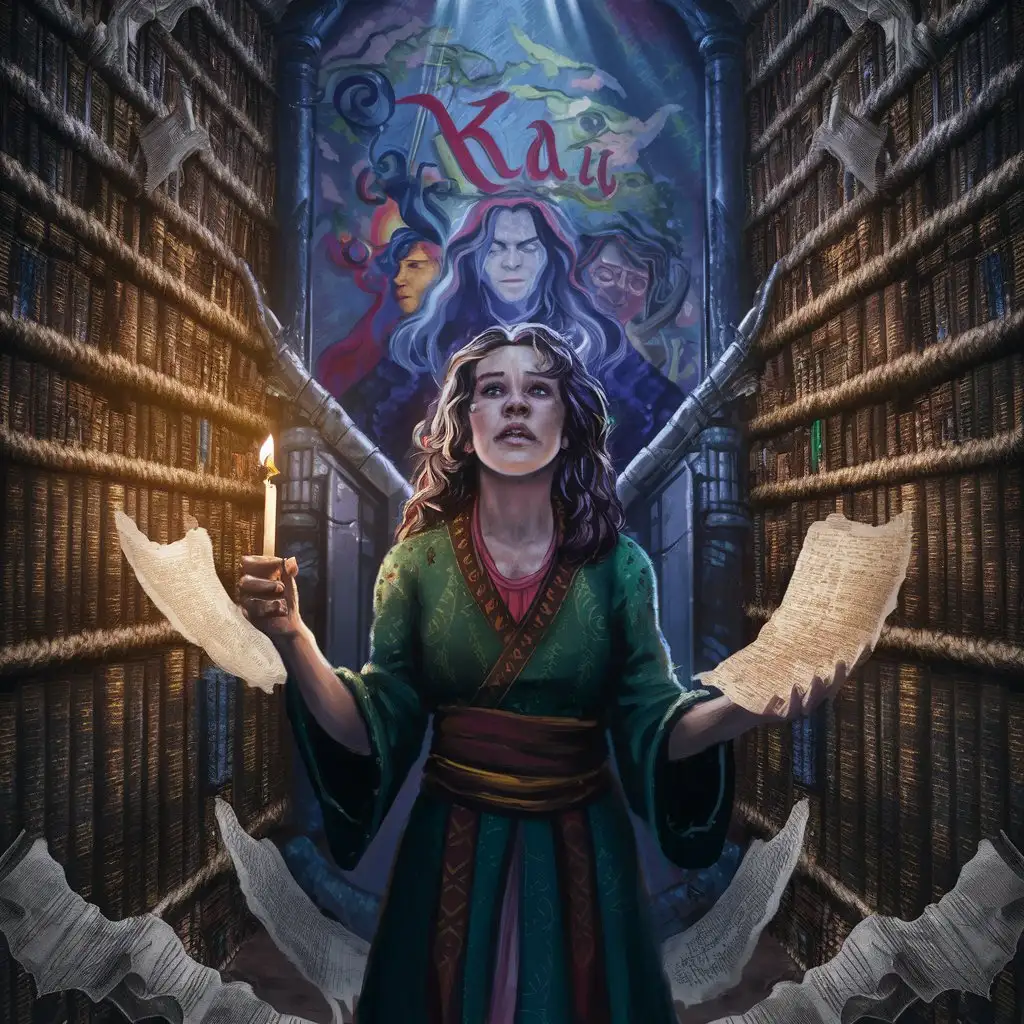 generate an image that fits this story: "Elara, a librarian, valued order and knowledge. Kai, an artist, criticized the harsh ruler. The ruler demanded Elara silence Kai by taking his art. Elara complied, fearing punishment. Shameful, she apologized to Kai, who spoke of the importance of choice and trust being broken. Elara realized she must act, not just apologize. The library held stories of courage, not fear. Now, Elara must take a stand and become the librarian she truly wanted to be."