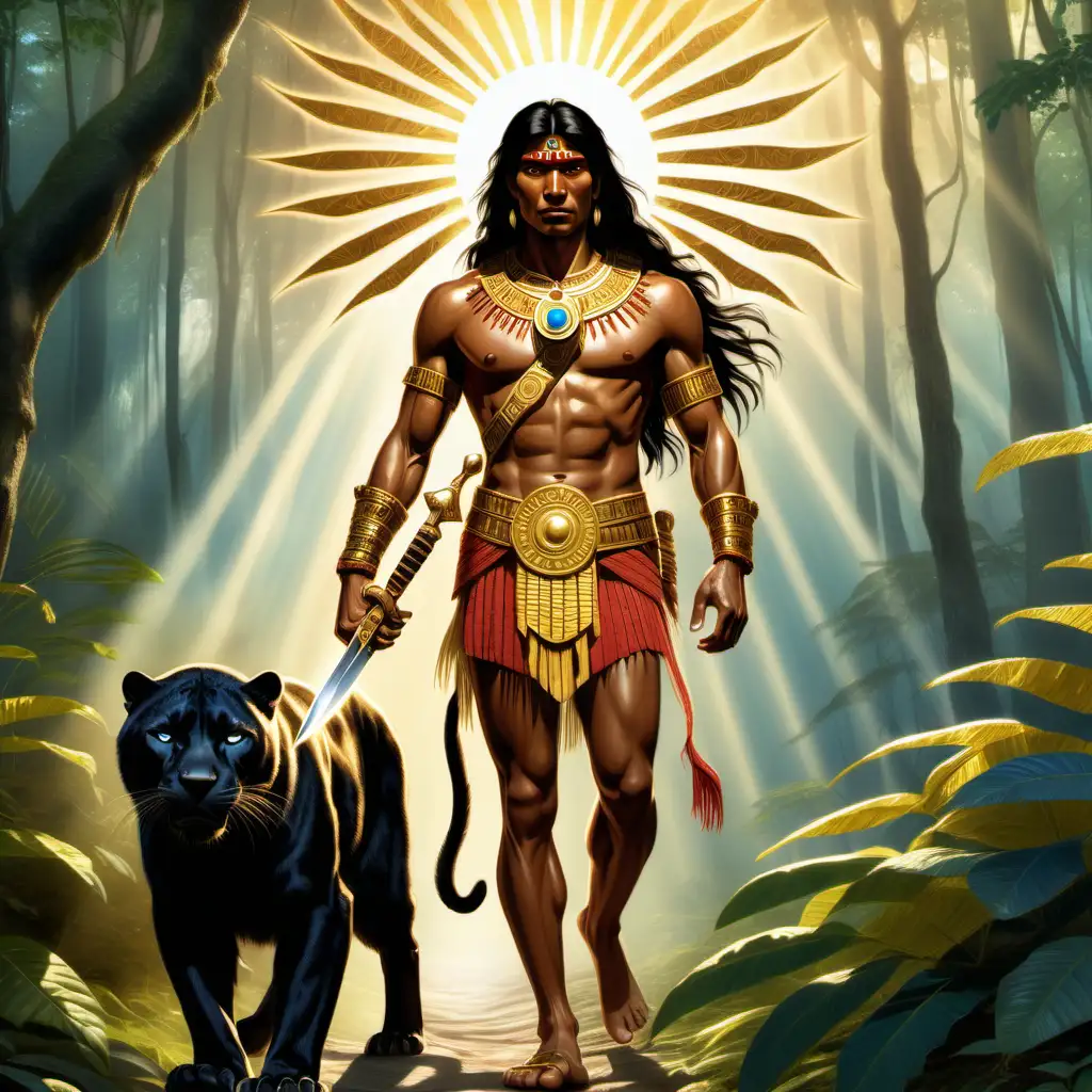 Brave Inca Warrior with Golden Knife Walking in Forest with Enigmatic Black Panther