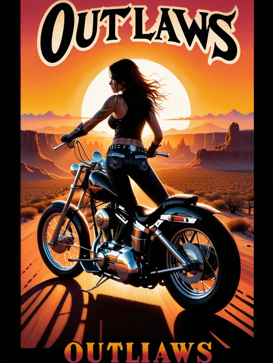 rock show poster themed "outlaws" of side silhouette of female on harley motorcycle focusing on back tire with western sunset background