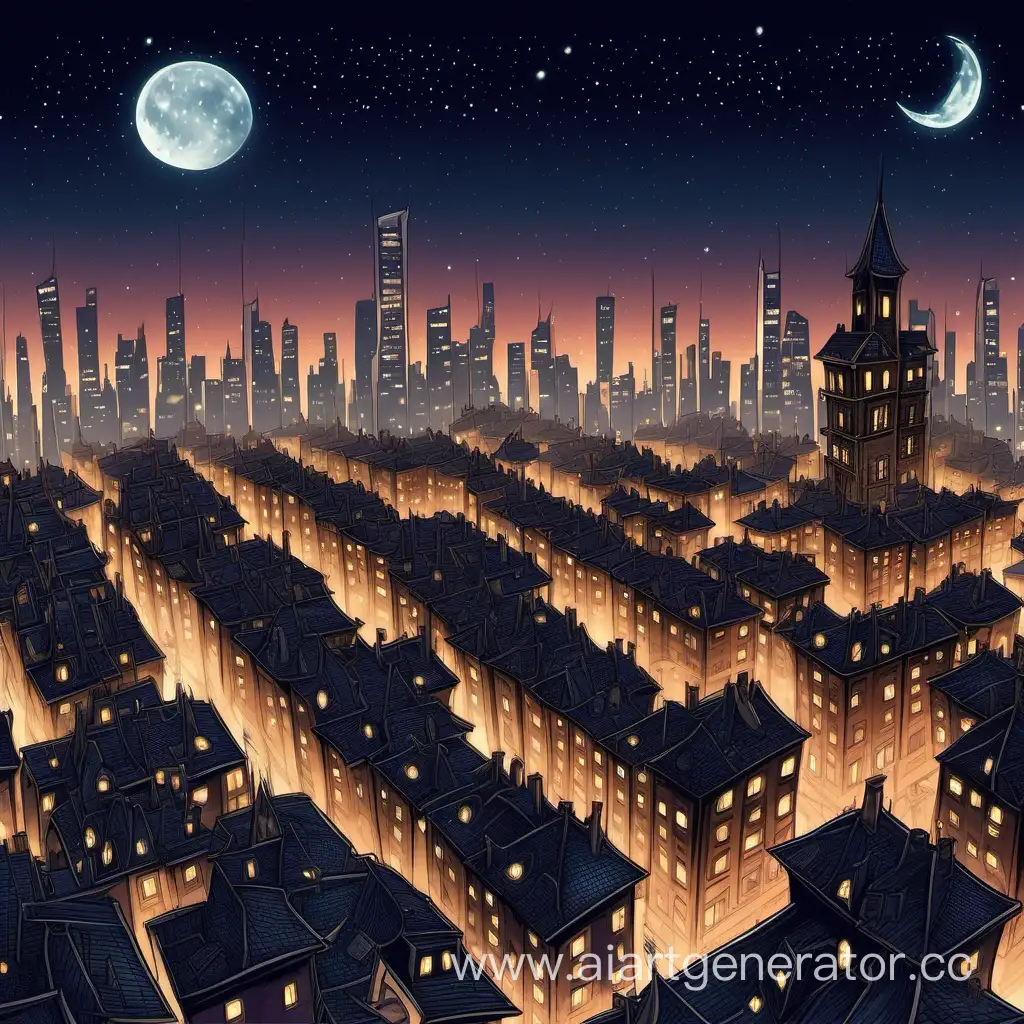 фэнтези ночной город с высокими зданиями, красивыми крышами