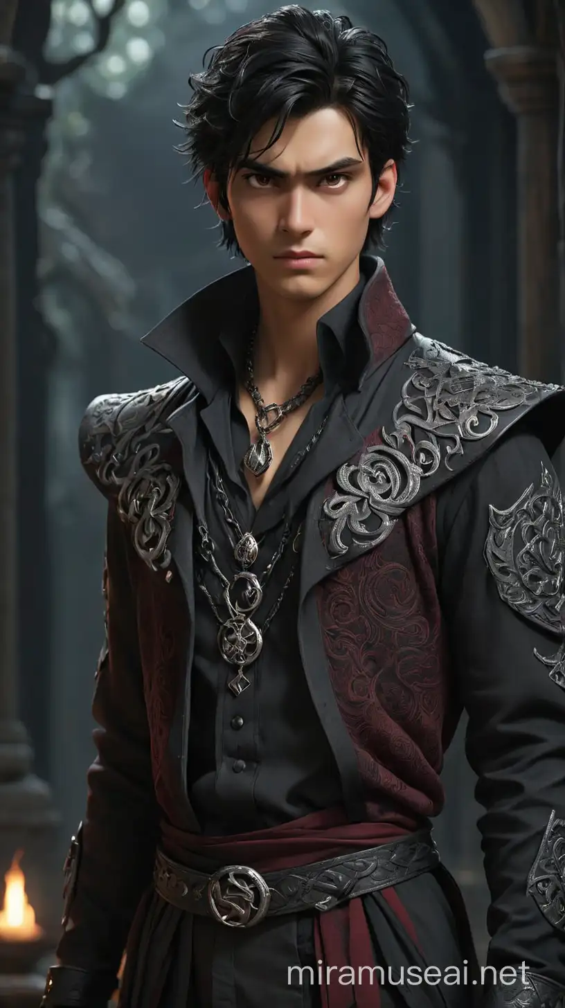 a teenage boy with a striking figure with his tall, imposing stature and dark, brooding presence. His features are chiseled and angular, with piercing crimson eyes that seem to glow with an otherworldly intensity. Black hair that blends in with the darkness. His skin is pale, almost ethereal, contrasting sharply with the darkness that surrounds him. The Boy's attire reflects his demonic heritage, with flowing robes of deep crimson and ebony adorned with intricate patterns reminiscent of ancient runes. He wears a ripped up white shirt in a deep charcoal gray, adding a subtle contrast to the darkness of his outerwear. The shirt is adorned with silver embroidery along the collar and cuffs, reminiscent of ancient runes and symbols of dark magic. The rips show his toned body. He also wears leather jeans in jet black, tailored to perfection and tapered at the ankles. The pants are adorned with subtle patterns resembling coiling serpents and twisted vines, adding an eerie touch to his ensemble. He wears a long, flowing coat in deep shades of black and crimson, reminiscent of the shadows that envelop his father's realm. The coat is made of luxurious velvet, with intricate patterns resembling swirling smoke and flickering flames woven into the fabric. It billows around him dramatically as he moves, adding to his imposing presence. He wears knee-high boots crafted from black leather, adorned with silver buckles and studs reminiscent of ancient armor. The boots have a sturdy construction, providing both style and practicality as he navigates the shadows of his father's domain. He is accessories with dark, ornate jewelry imbued with symbols of power and darkness. He wears a pendant around his neck, fashioned in the shape of Chernabog's menacing silhouette, and adorned with dark gemstones that seem to glow with an otherworldly light. Additionally, he wears silver rings on his fingers, each engraved with ancient sigils and runes of forbidden magic. 