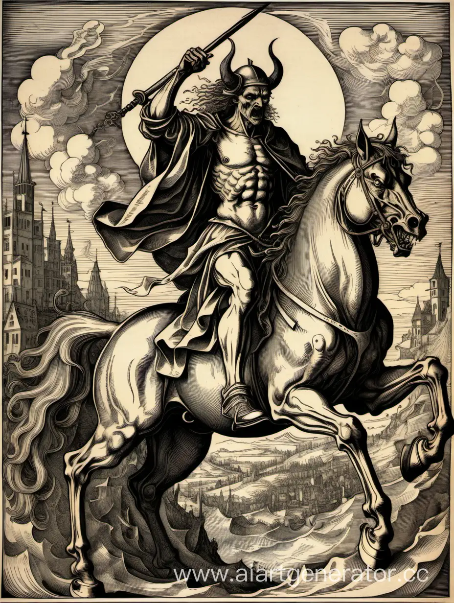 создай ксилографию в стиле альбрехта дюрера - красивый и властный демон с лицом человека, он герцок ада, верхом на демоне коне