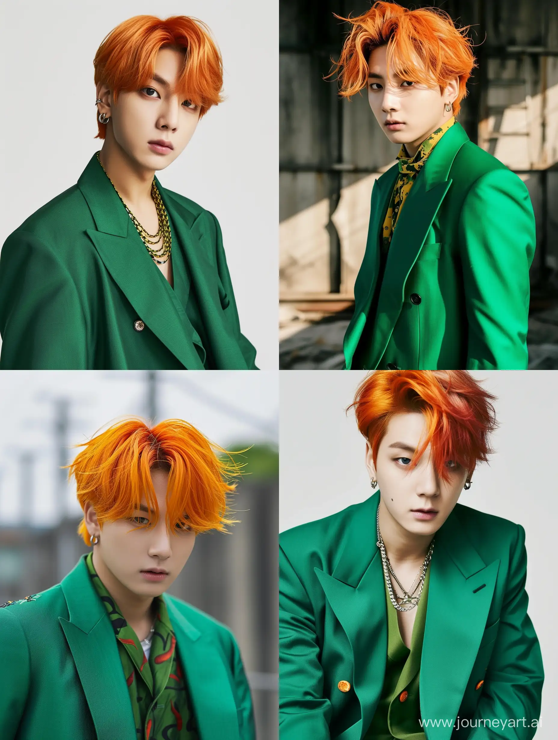 Jungkook de BTS con traje verde y cabello anaranjado intenso