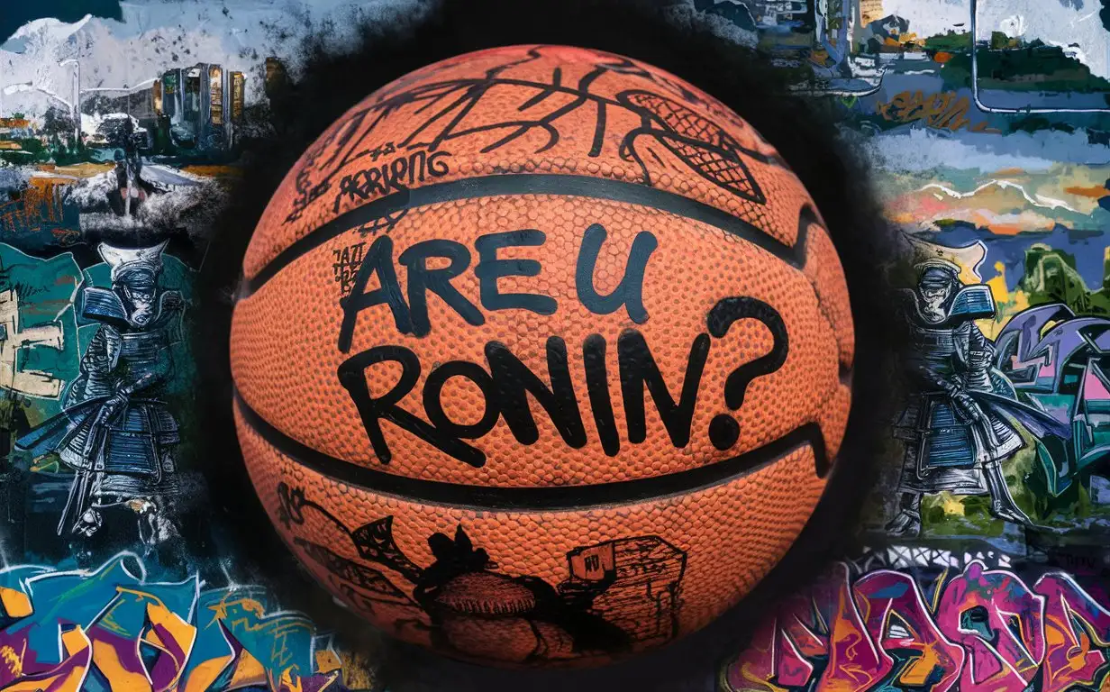 image a basketball with tagging on it saying "are u ronin?". The basketball should be filled with graffiti that says "ronin".