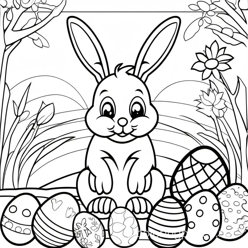 HAPPY EASTER COLORING PAGE FOR KIDS, Coloring Page, black and white, line art, white background, Simplicity, Ample White Space. The background of the coloring page is plain white to make it easy for young children to color within the lines. The outlines of all the subjects are easy to distinguish, making it simple for kids to color without too much difficulty