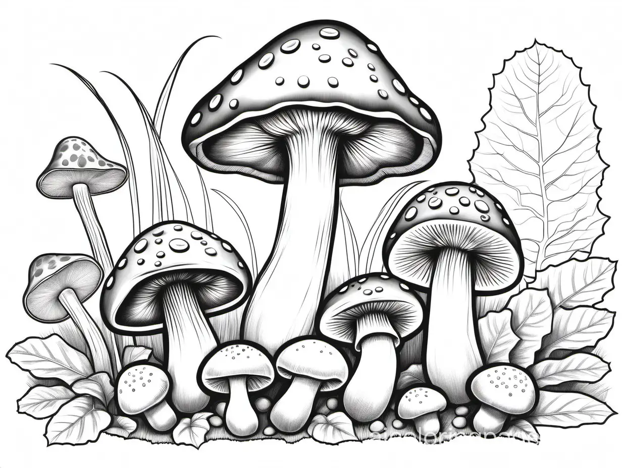 Shiitake mushrooms and Portabello mushrooms and Button mushrooms and Porcini mushrooms and King Trumpet mushrooms, Coloring Page, black and white, line art, white background, Simplicity, Ample White Space. The background of the coloring page is plain white to make it easy for young children to color within the lines. The outlines of all the subjects are easy to distinguish, making it simple for kids to color without too much difficulty