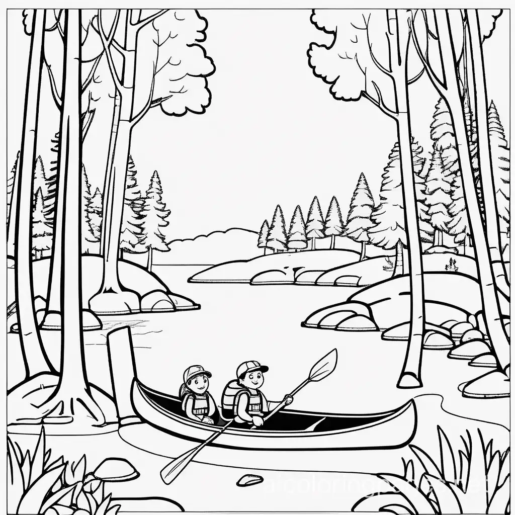 campsite, trees and canoe, full color, for children, Coloring Page, black and white, line art, white background, Simplicity, Ample White Space. The background of the coloring page is plain white to make it easy for young children to color within the lines. The outlines of all the subjects are easy to distinguish, making it simple for kids to color without too much difficulty