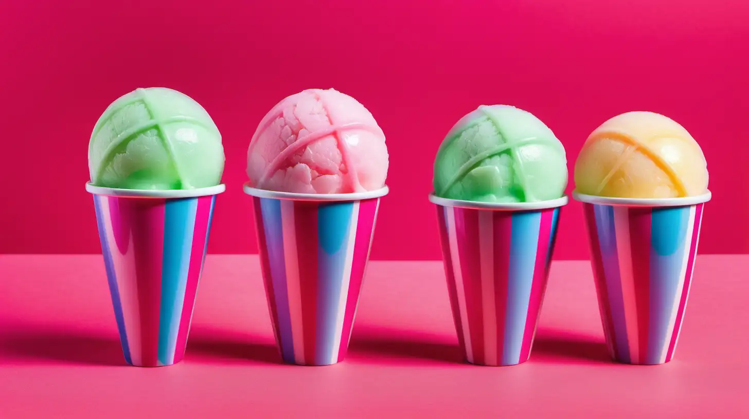 Create a collage of smooth Italian ice scoops  in a striped cup. Hot pink background 